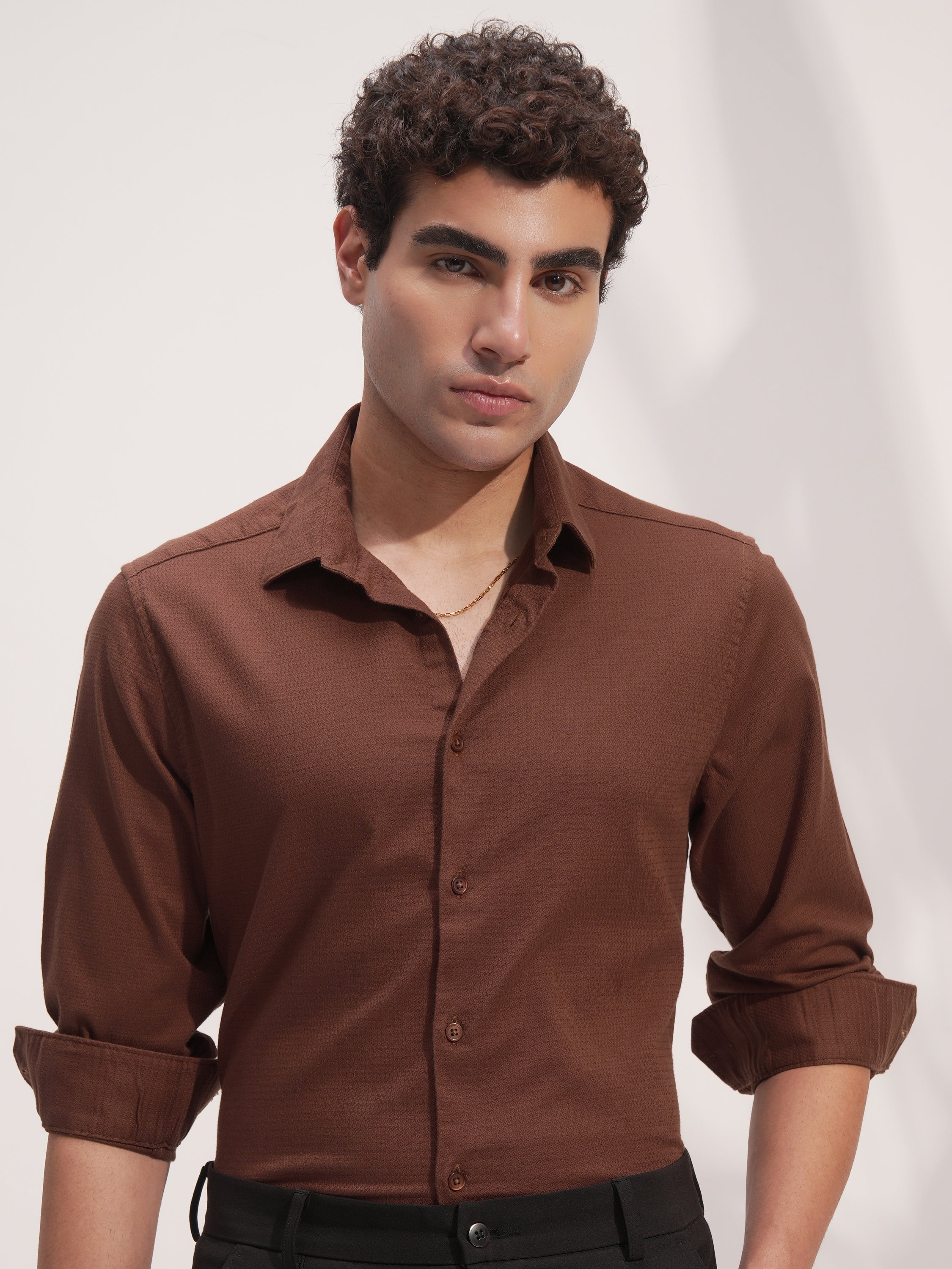 Highlander Men Brown Self Design Slim Fit Casual Shirt - Brown - Image 1
