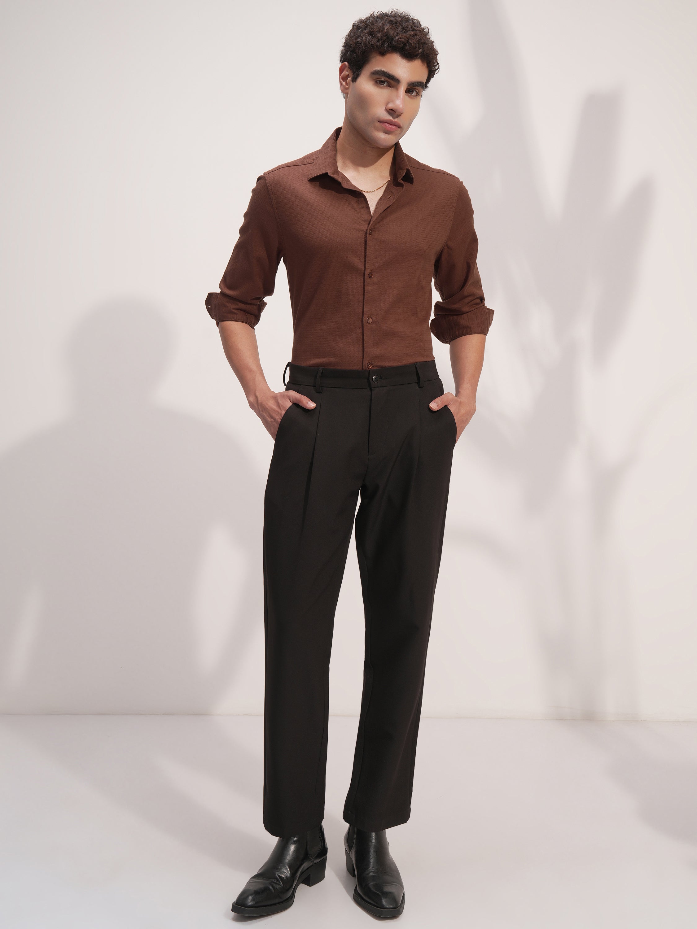 Highlander Men Brown Self Design Slim Fit Casual Shirt - Brown - Image 2