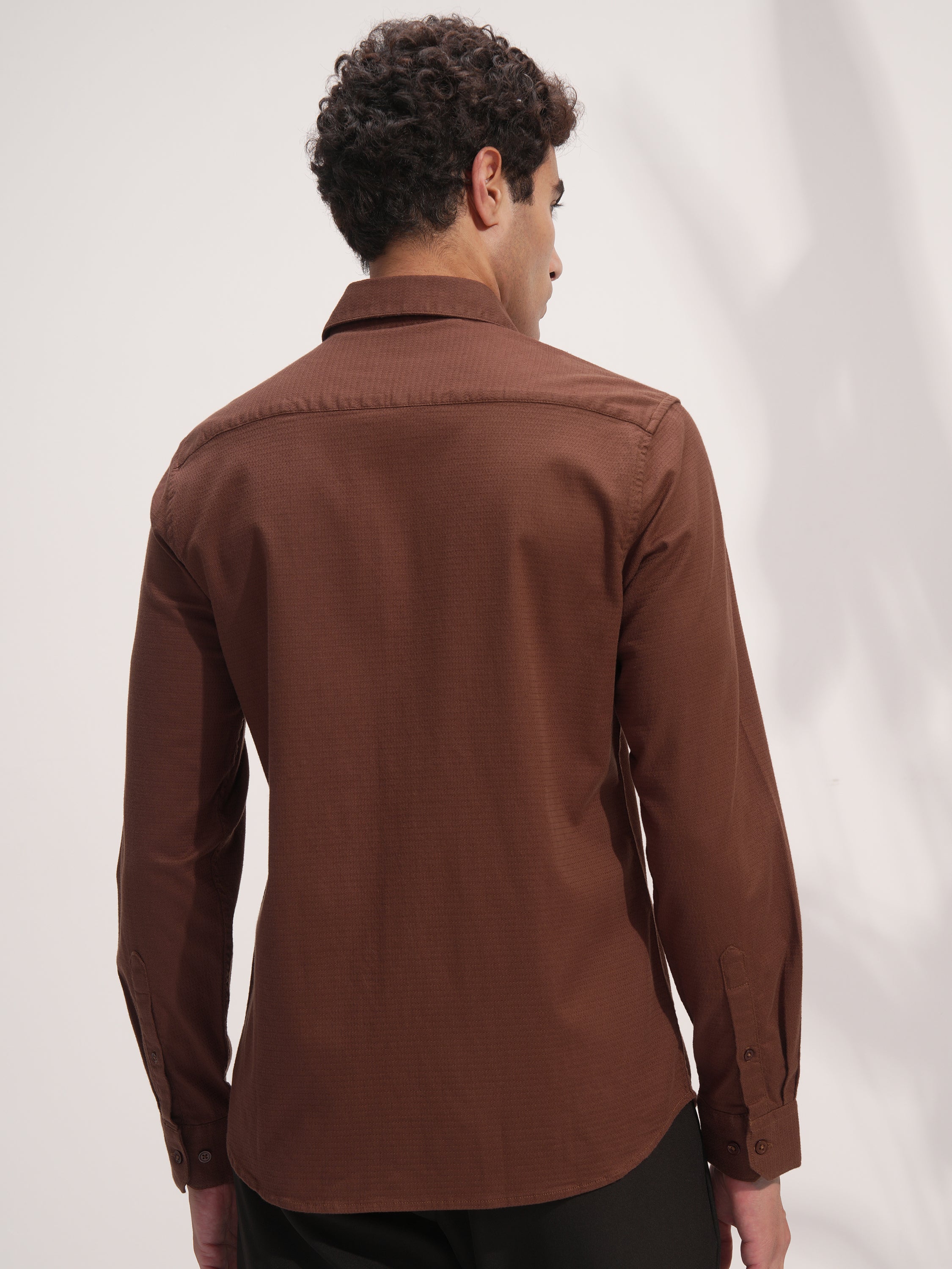 Highlander Men Brown Self Design Slim Fit Casual Shirt - Brown - Image 3