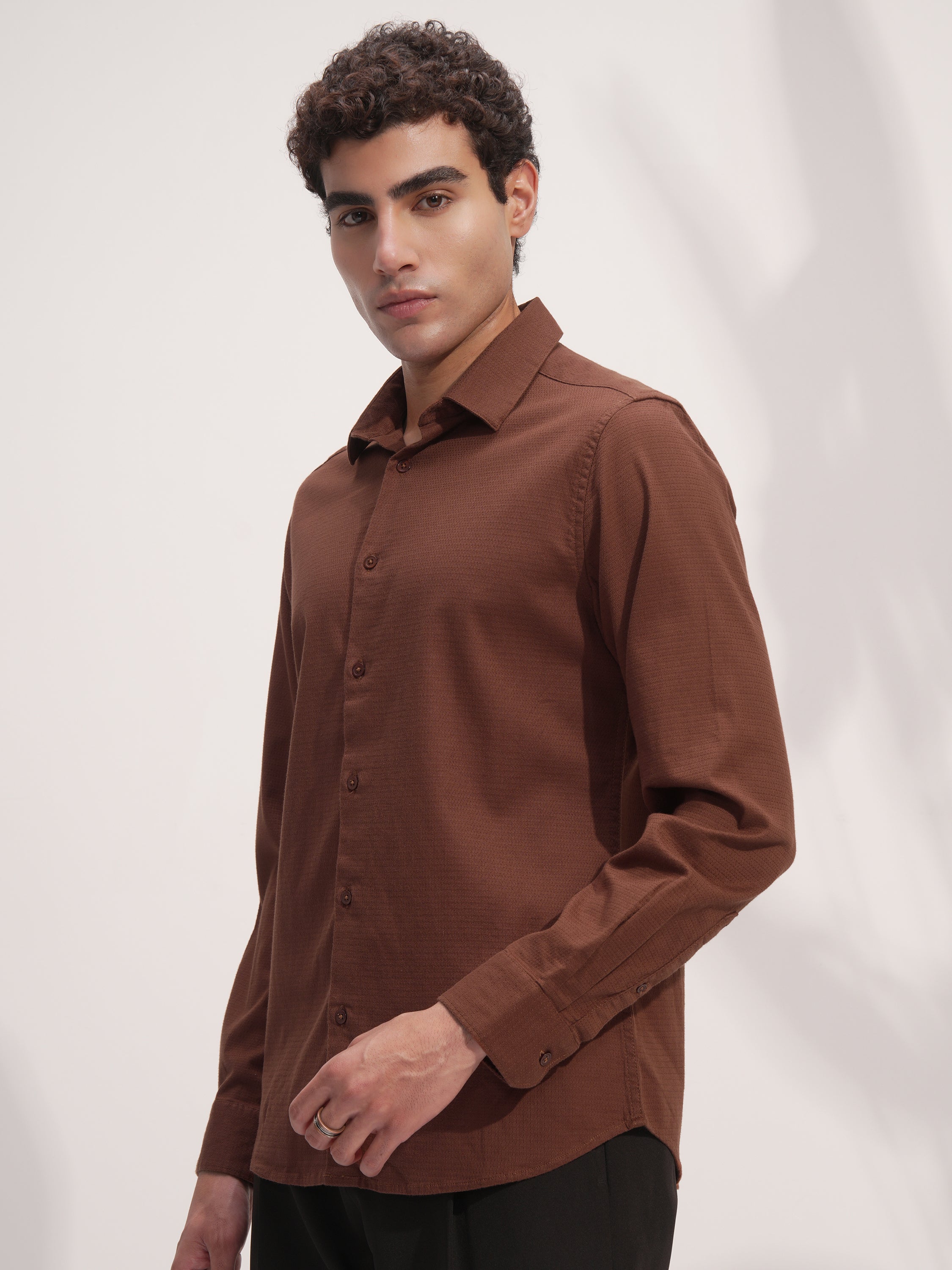 Highlander Men Brown Self Design Slim Fit Casual Shirt - Brown - Image 4