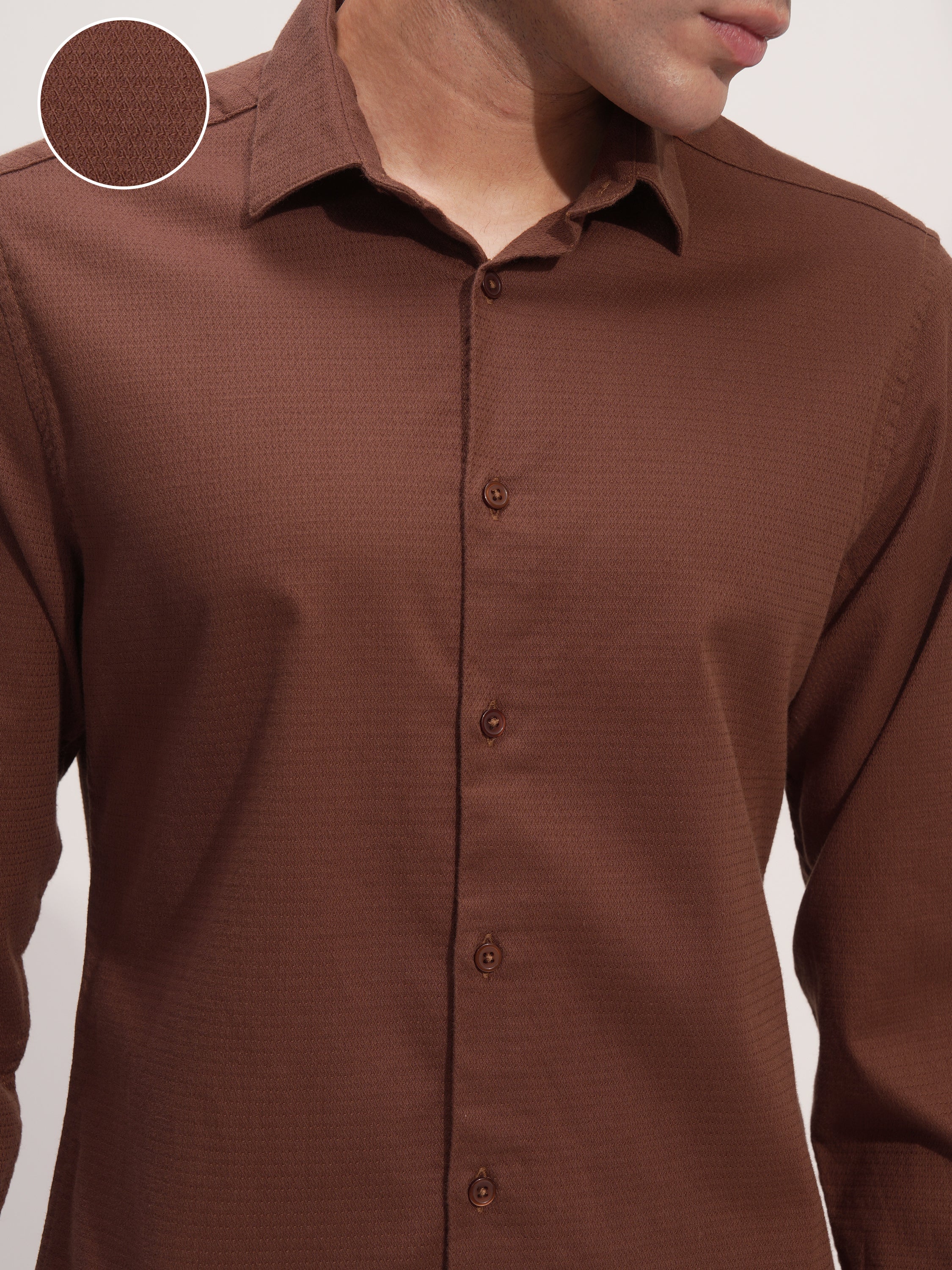 Highlander Men Brown Self Design Slim Fit Casual Shirt - Brown - Image 5