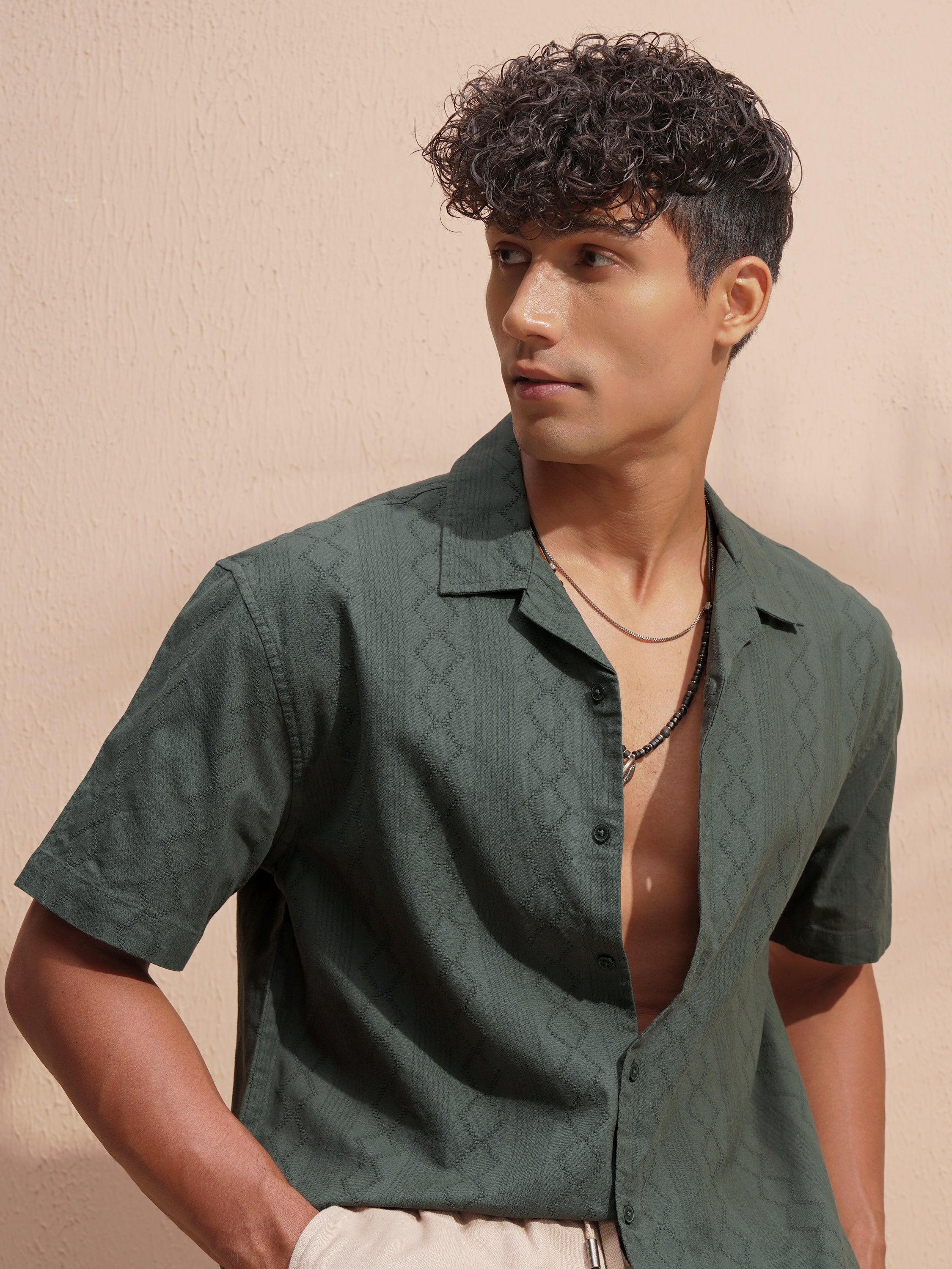 Highlander Men Green Self Design Relaxed Fit Casual Shirt - Green - Image 1