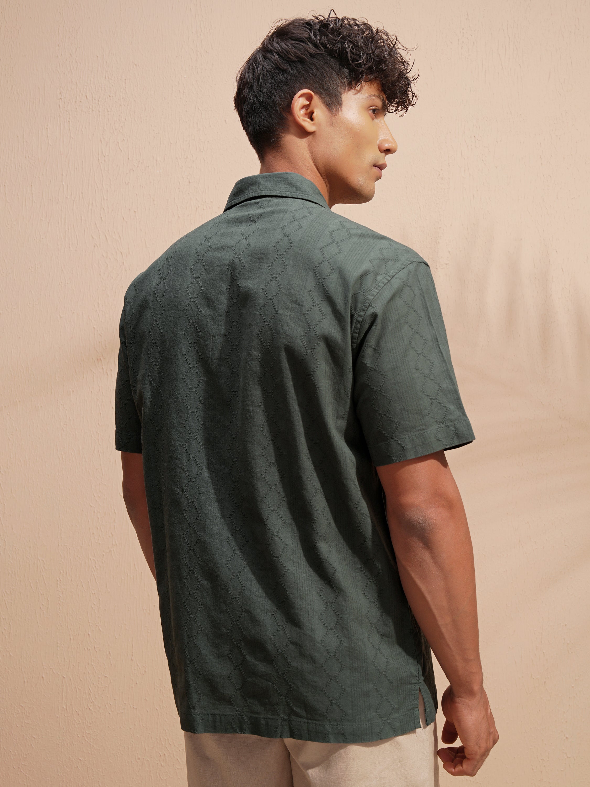 Highlander Men Green Self Design Relaxed Fit Casual Shirt - Green - Image 3