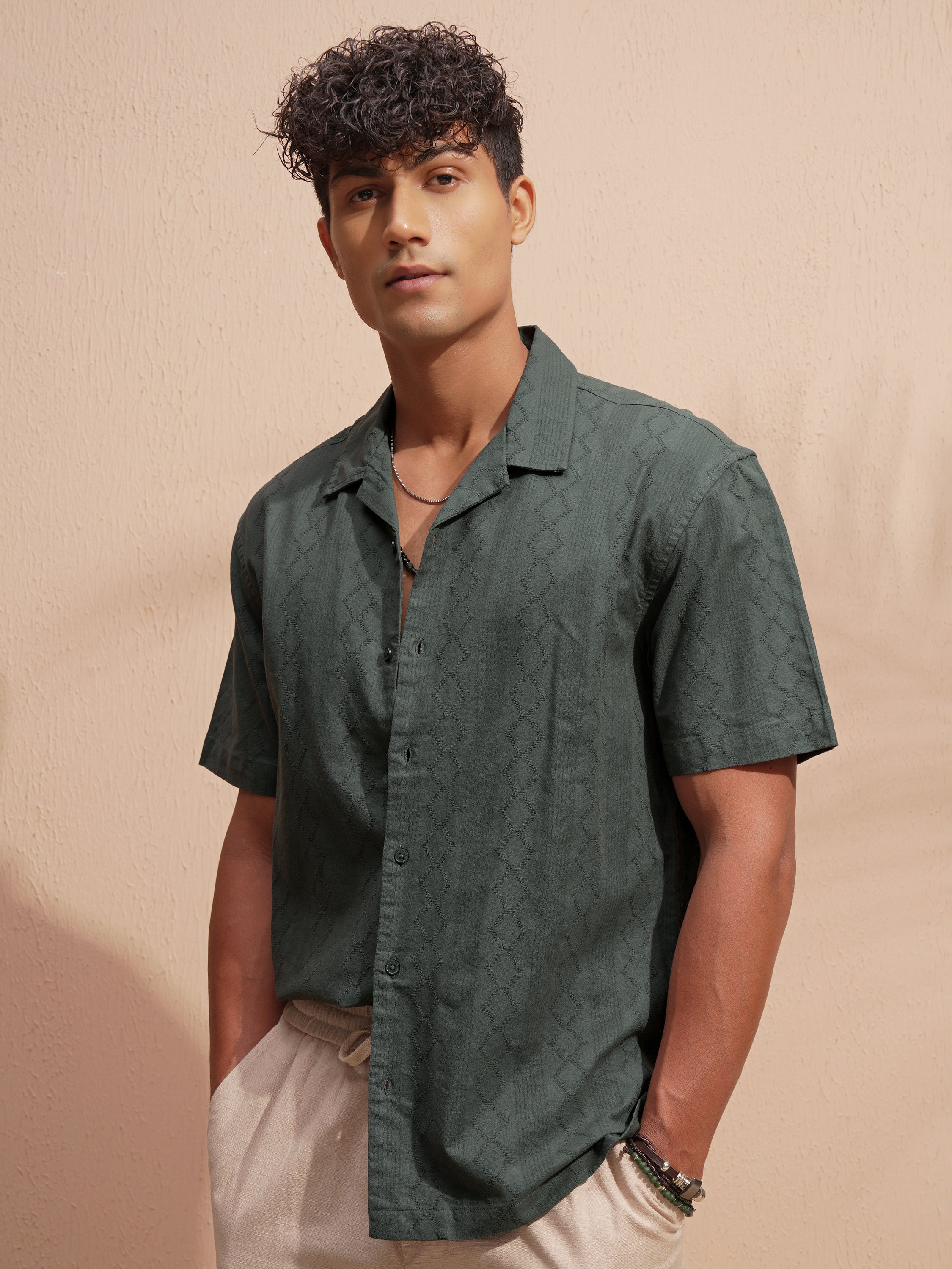 Highlander Men Green Self Design Relaxed Fit Casual Shirt - Green - Image 4