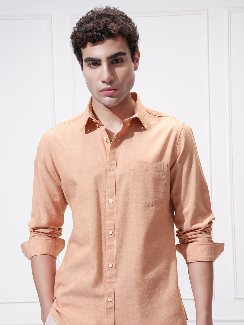 Highlander Men Orange Self Design Slim Fit Casual Shirt - Orange - Image 1