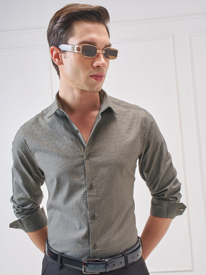 Highlander Men Olive Self Design Slim Fit Casual Shirt - Olive - Image 1