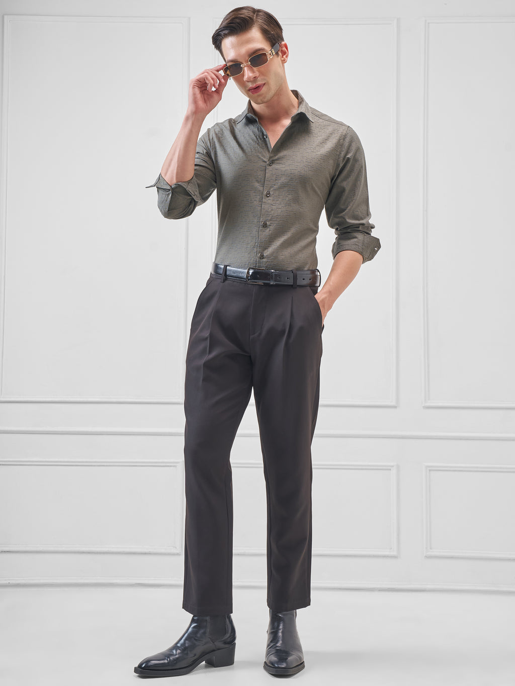 Highlander Men Olive Self Design Slim Fit Casual Shirt - Olive - Image 2