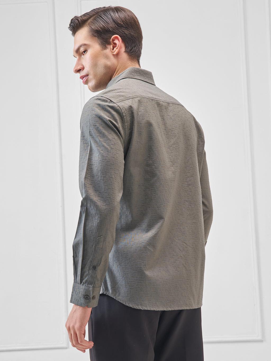 Highlander Men Olive Self Design Slim Fit Casual Shirt - Olive - Image 3