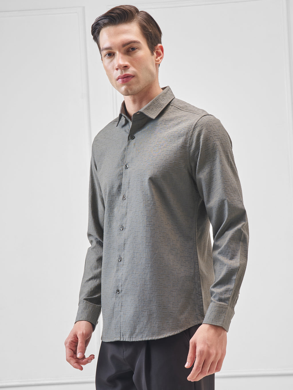 Highlander Men Olive Self Design Slim Fit Casual Shirt - Olive - Image 4