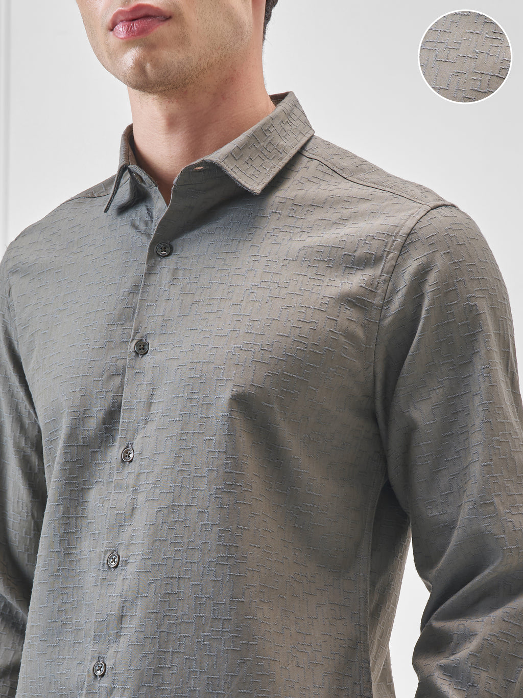 Highlander Men Olive Self Design Slim Fit Casual Shirt - Olive - Image 5