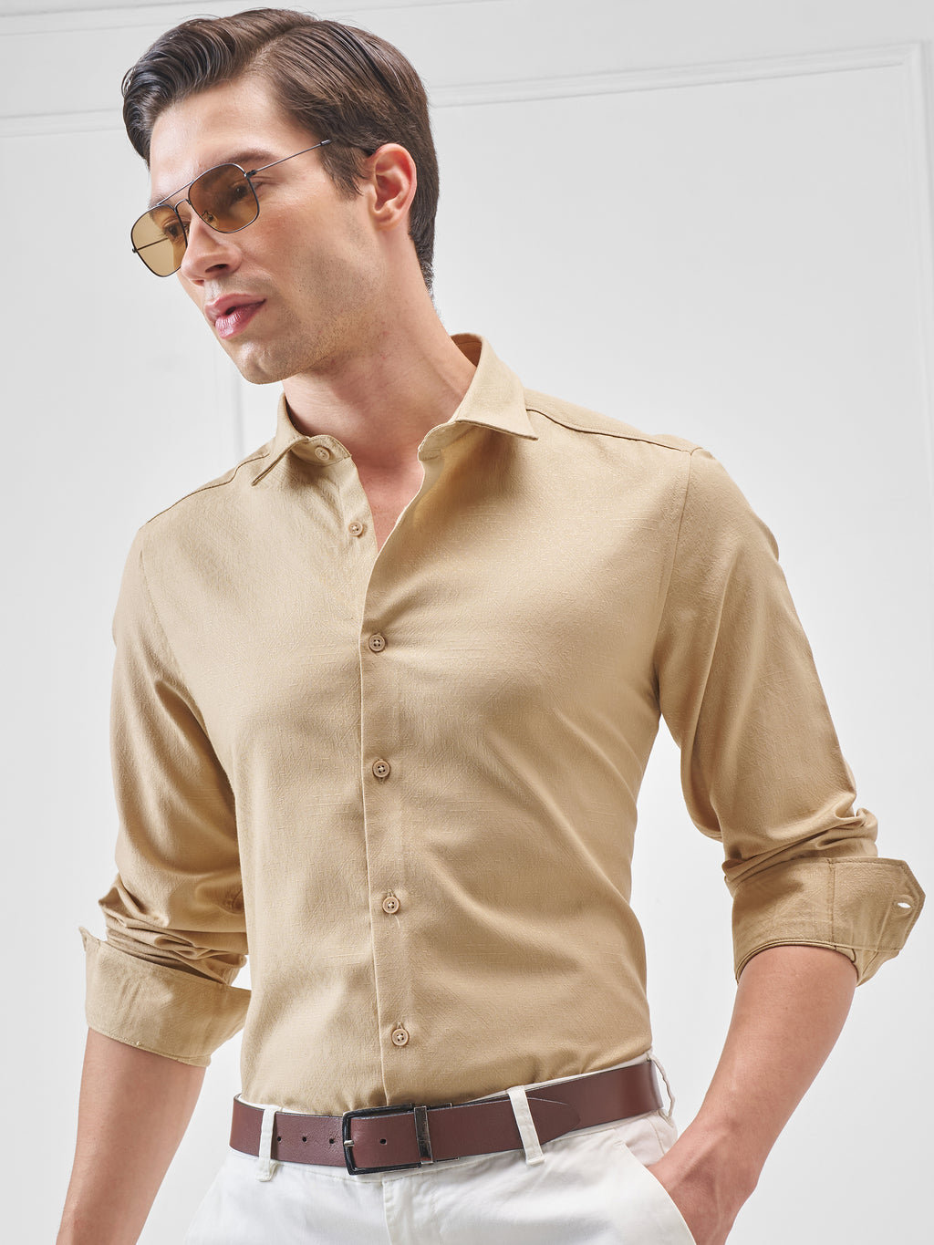 Highlander Men Beige Self Design Slim Fit Casual Shirt - Beige - Image 1