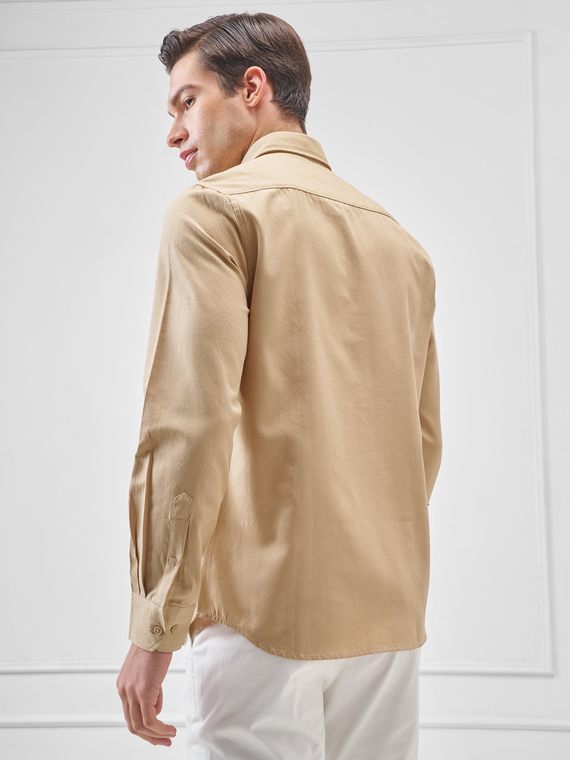 Highlander Men Beige Self Design Slim Fit Casual Shirt - Beige - Image 3