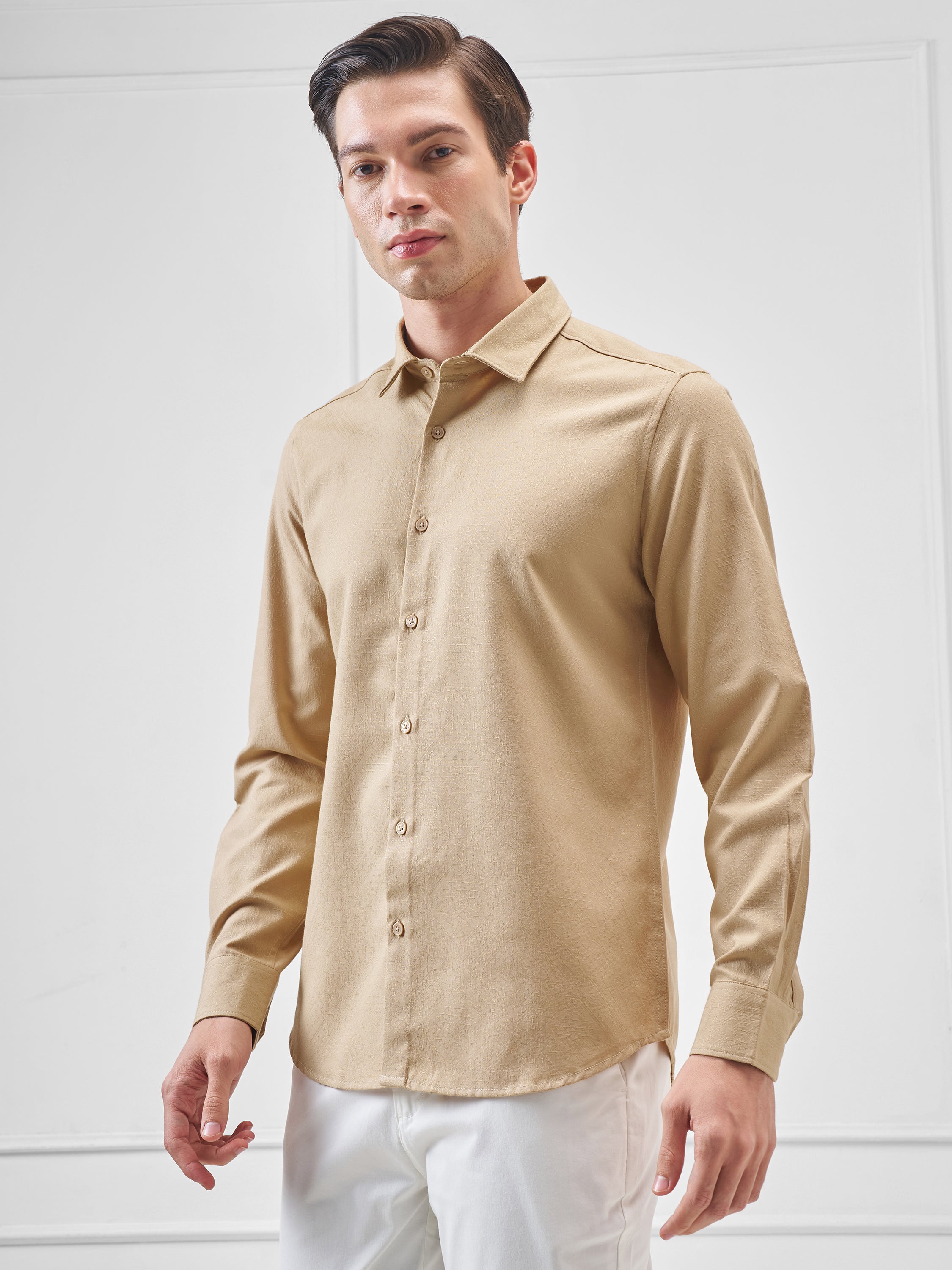 Highlander Men Beige Self Design Slim Fit Casual Shirt - Beige - Image 4