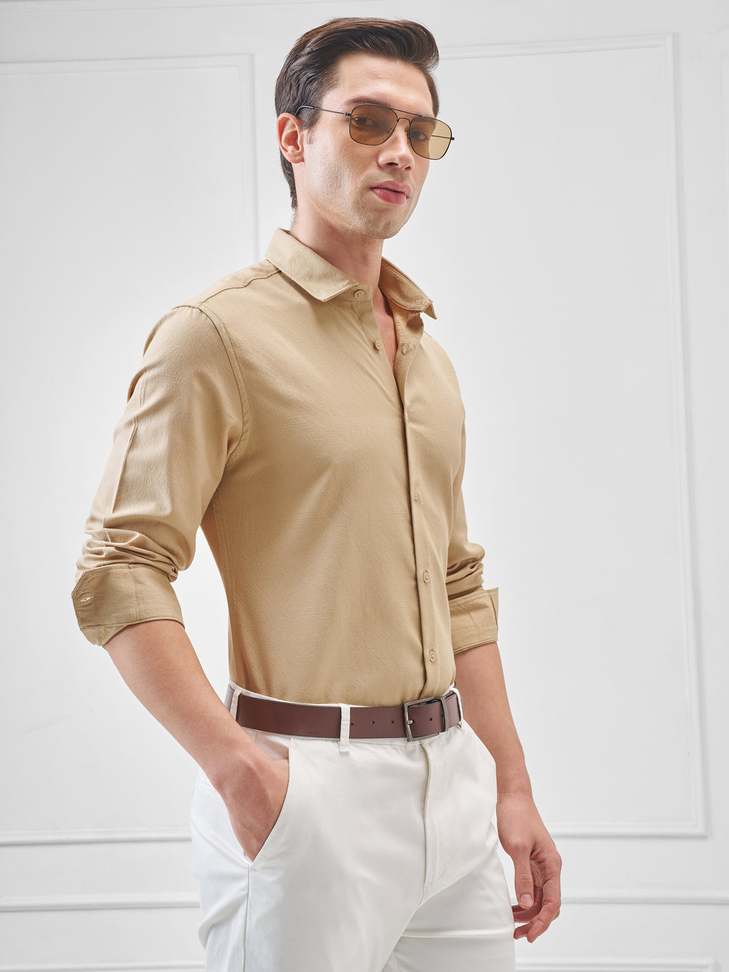 Highlander Men Beige Self Design Slim Fit Casual Shirt - Beige - Image 6