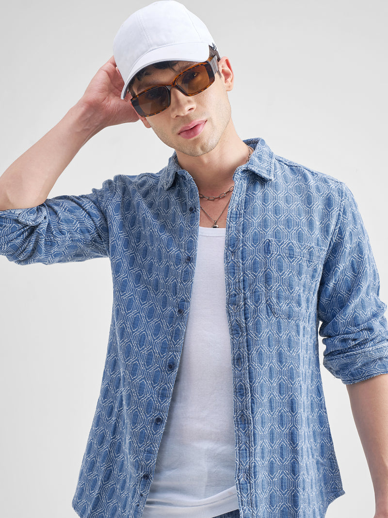 Highlander Men Navy Blue Self Design Slim Fit Casual Shirt - Navy Blue - Image 1