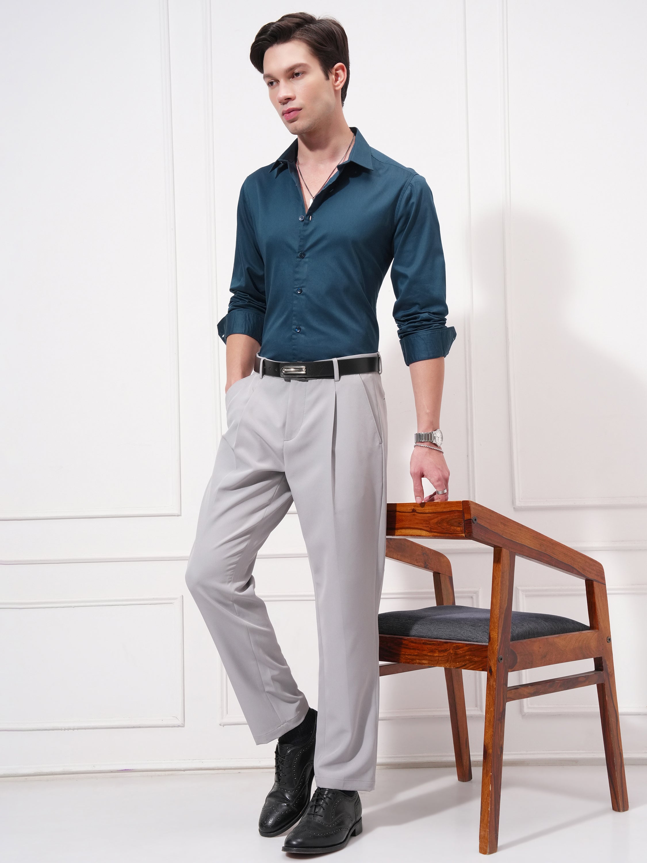 Highlander Men Teal Solid Slim Fit Casual Shirt - Teal - Image 2