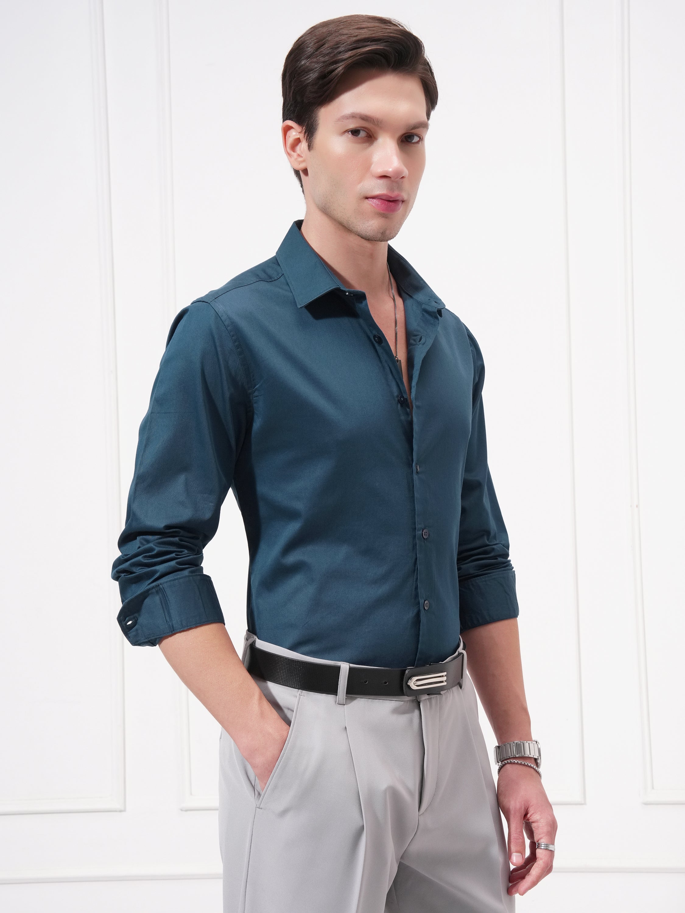 Highlander Men Teal Solid Slim Fit Casual Shirt - Teal - Image 6