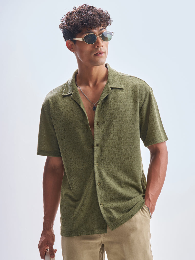 Highlander Men Olive Self Design Relaxed Fit Casual Shirt - Olive - Image 1