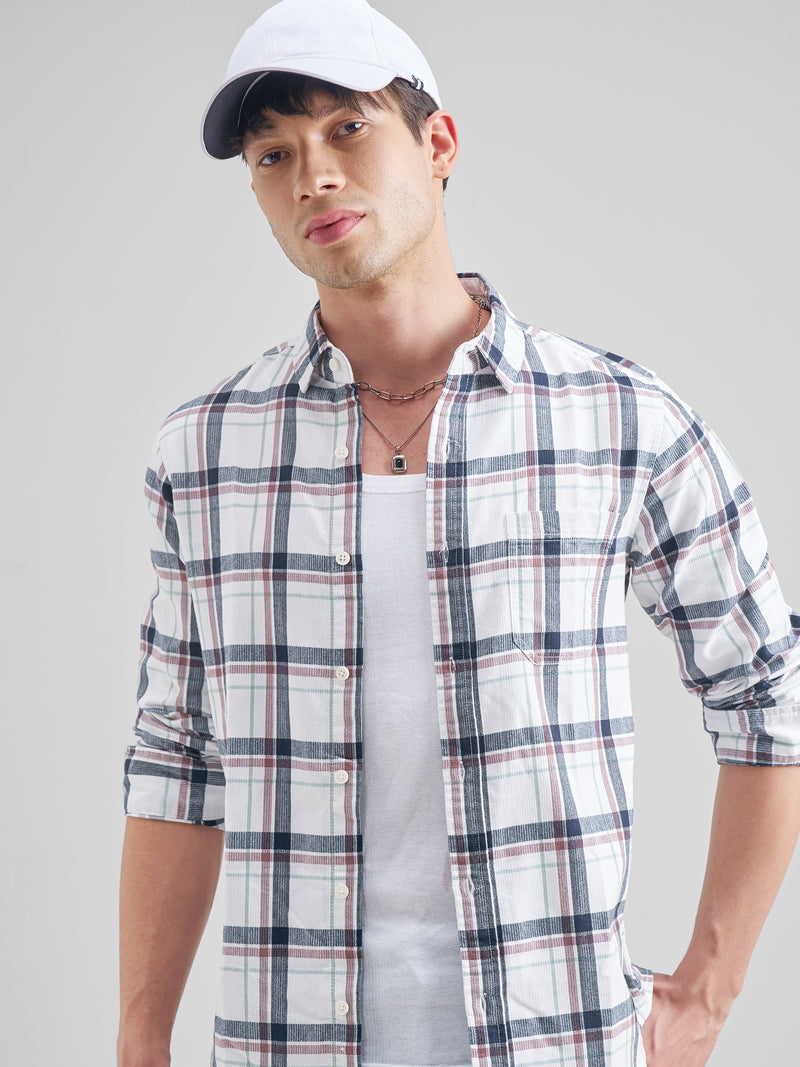 Highlander Men White Checked Slim Fit Casual Shirt - White - Image 1