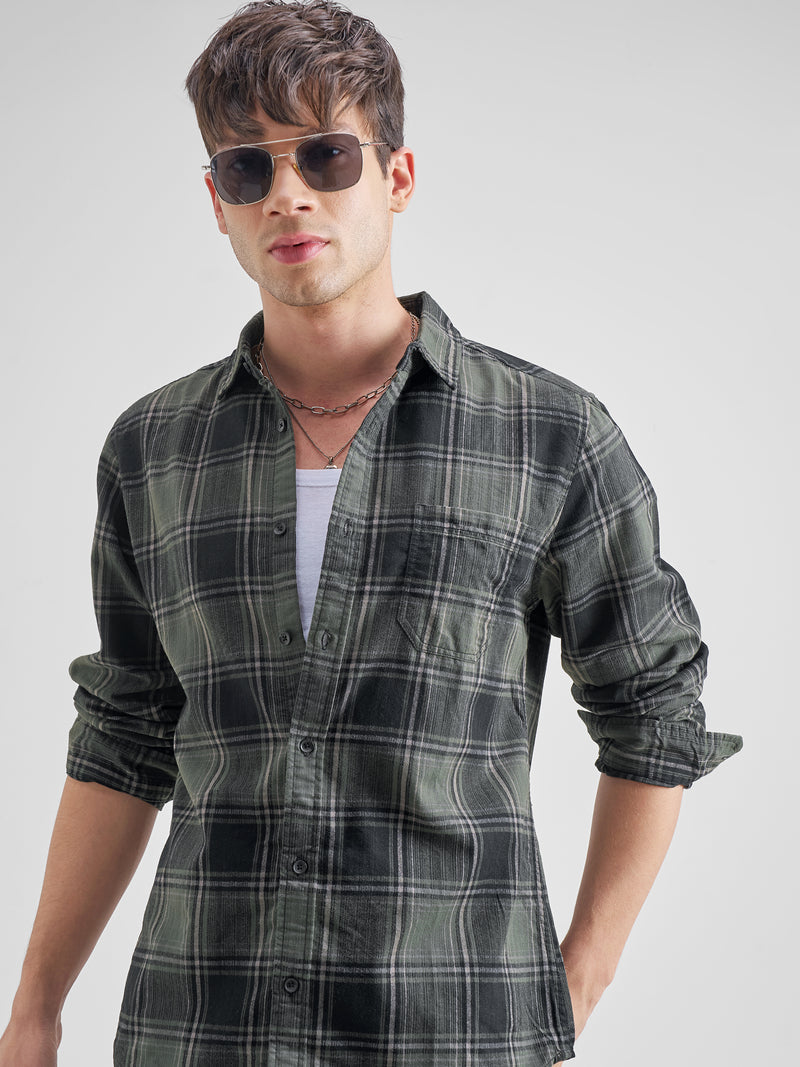 Highlander Men Olive Checked Slim Fit Casual Shirt - Olive - Image 1