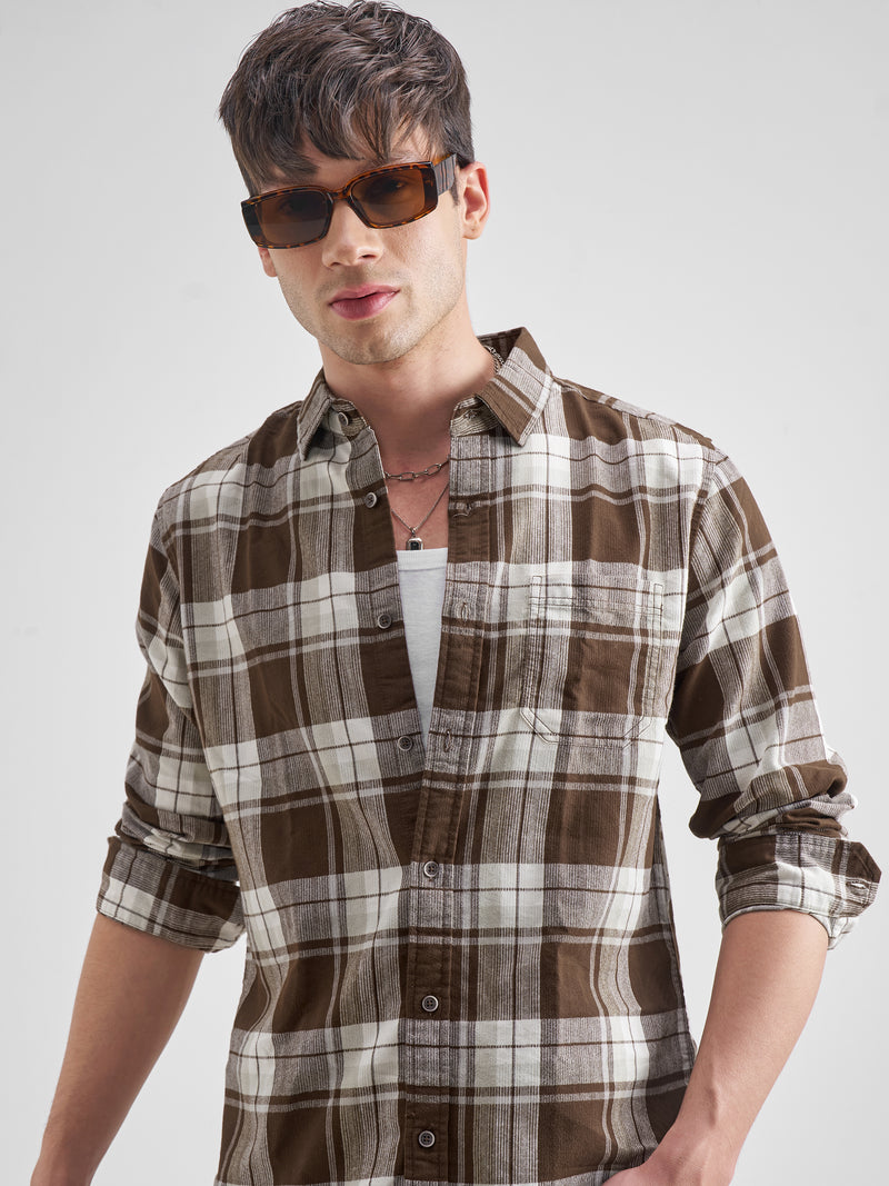 Highlander Men Brown Checked Slim Fit Casual Shirt - Brown - Image 1
