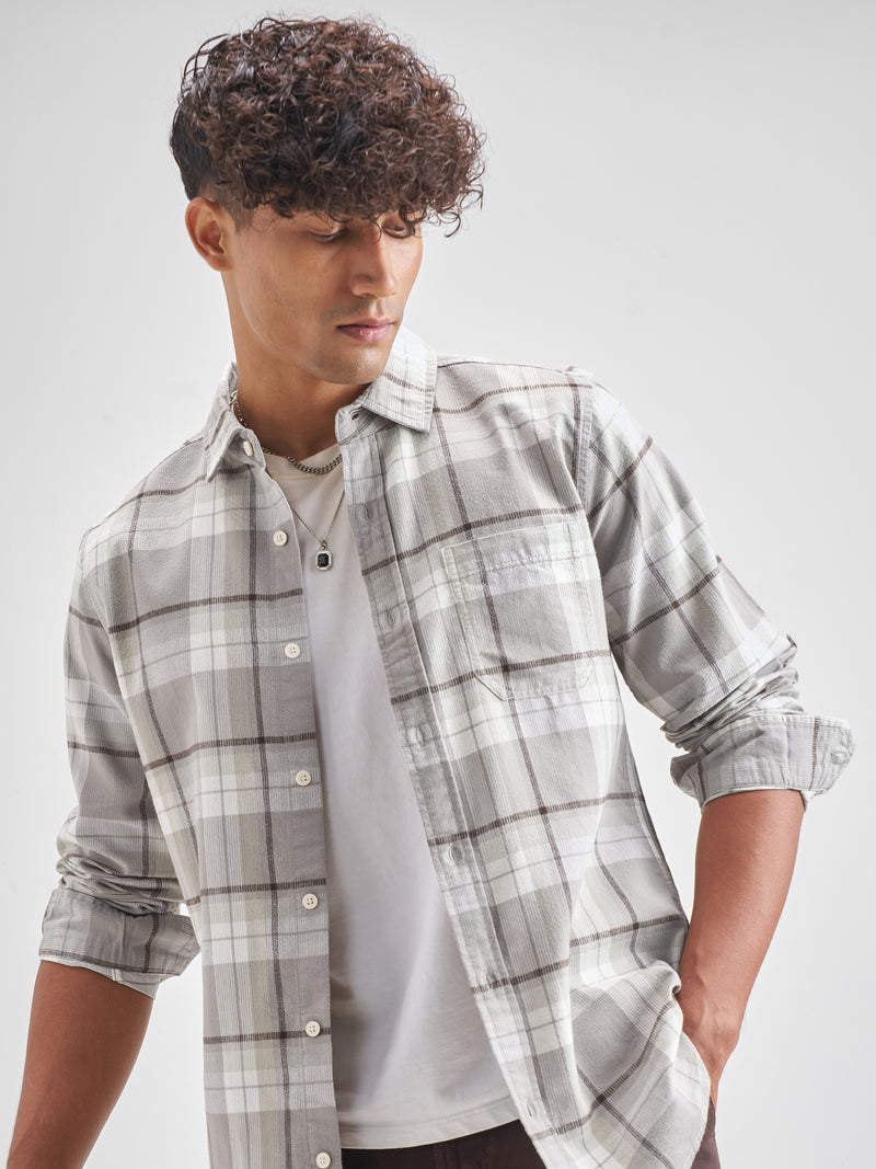 Highlander Men Grey Checked Slim Fit Casual Shirt - Grey - Image 1