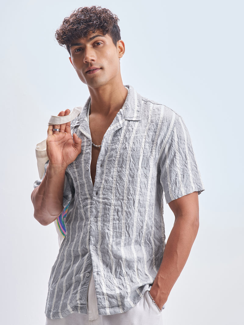 Highlander Men Grey Striped Relaxed Fit Casual Shirt - Grey - Image 1