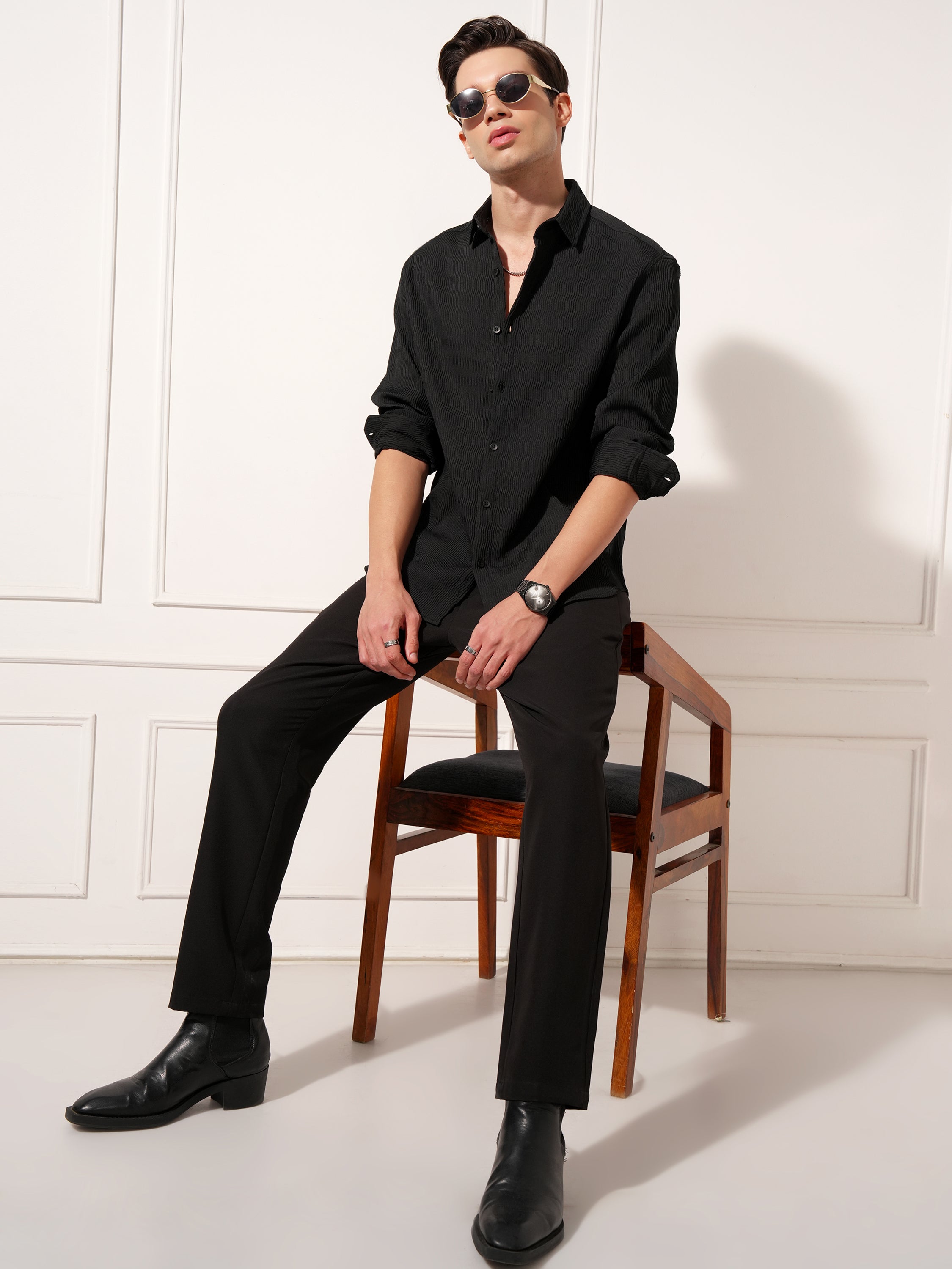 Highlander Men Black Self Design Relaxed Fit Casual Shirt - Black - Image 2