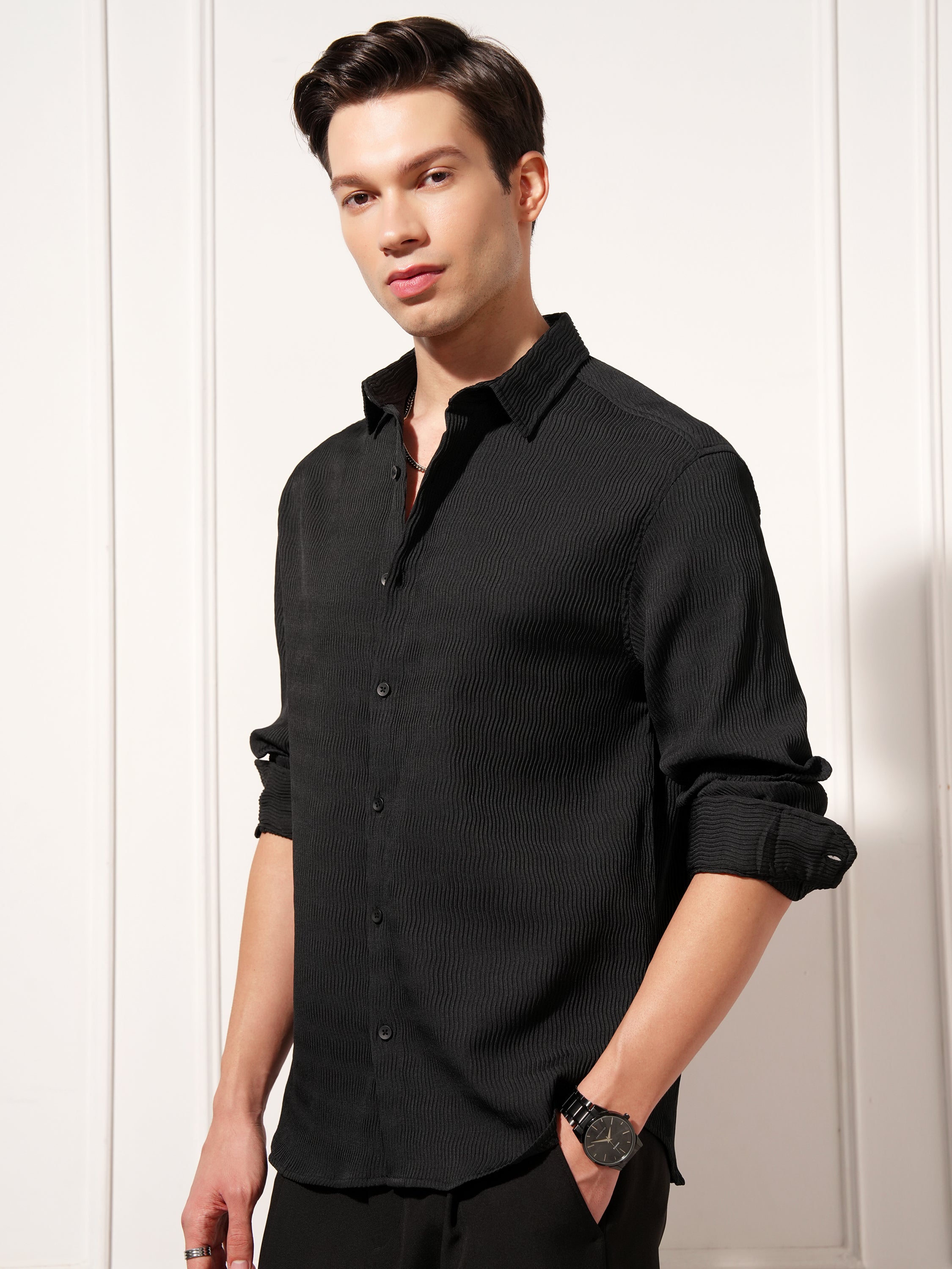 Highlander Men Black Self Design Relaxed Fit Casual Shirt - Black - Image 7