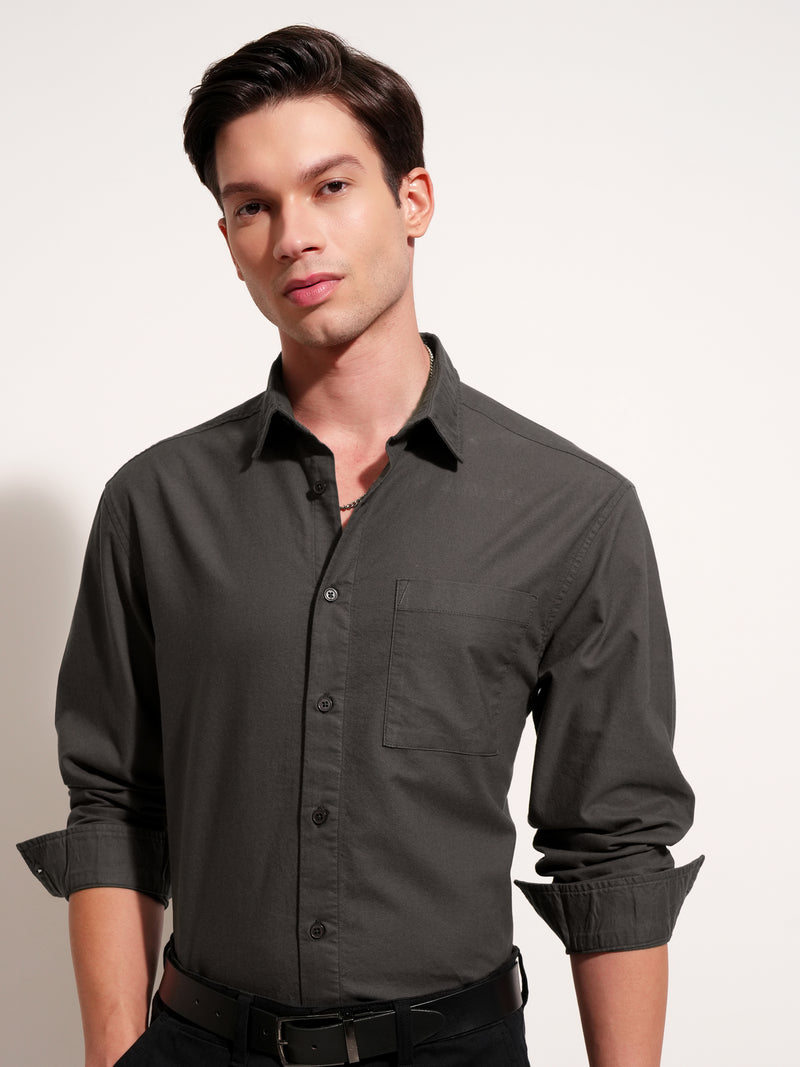 Highlander Men Charcoal Solid Relaxed Fit Casual Shirt - Charcoal - Image 1