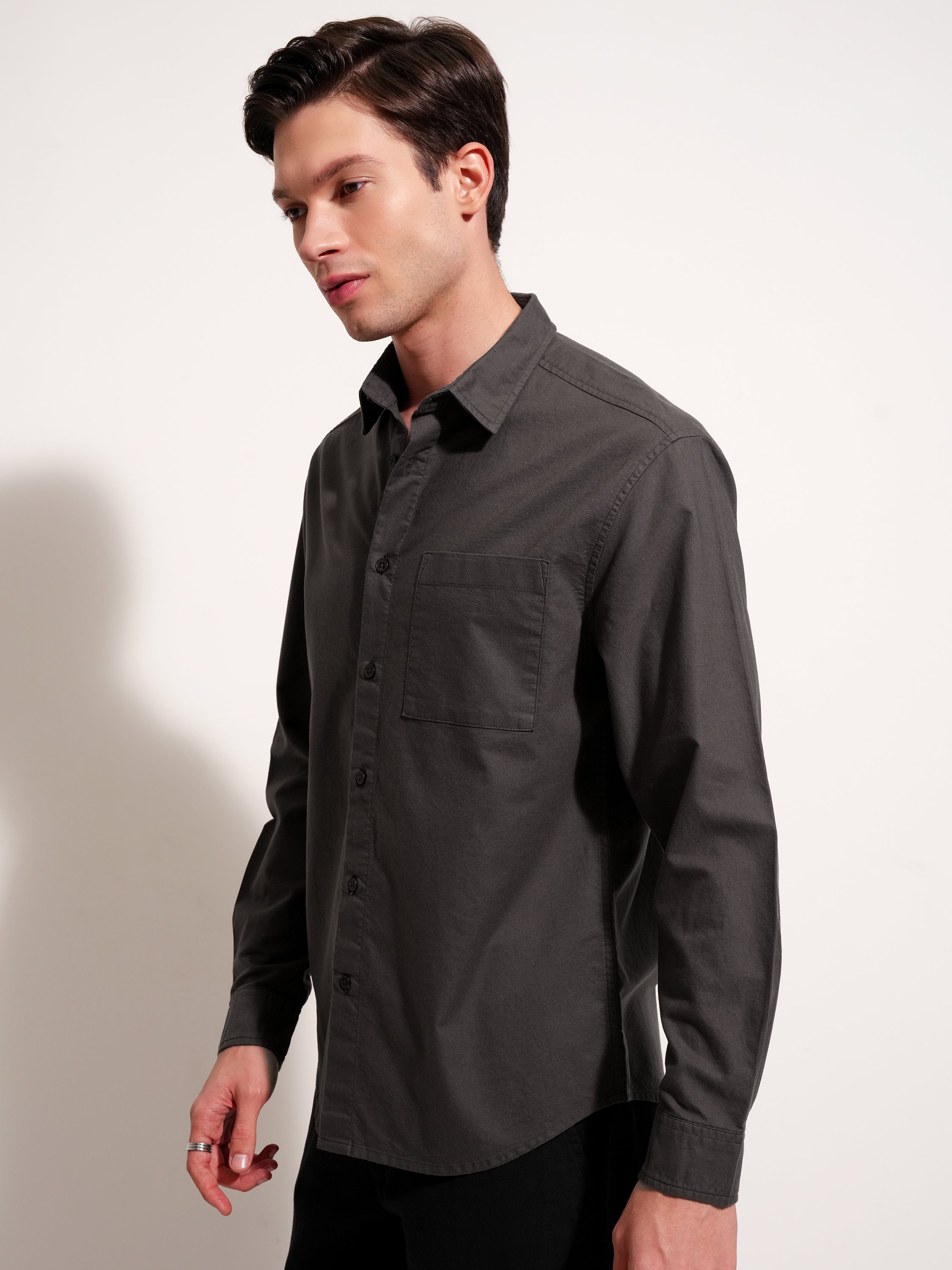 Highlander Men Charcoal Solid Relaxed Fit Casual Shirt - Charcoal - Image 8