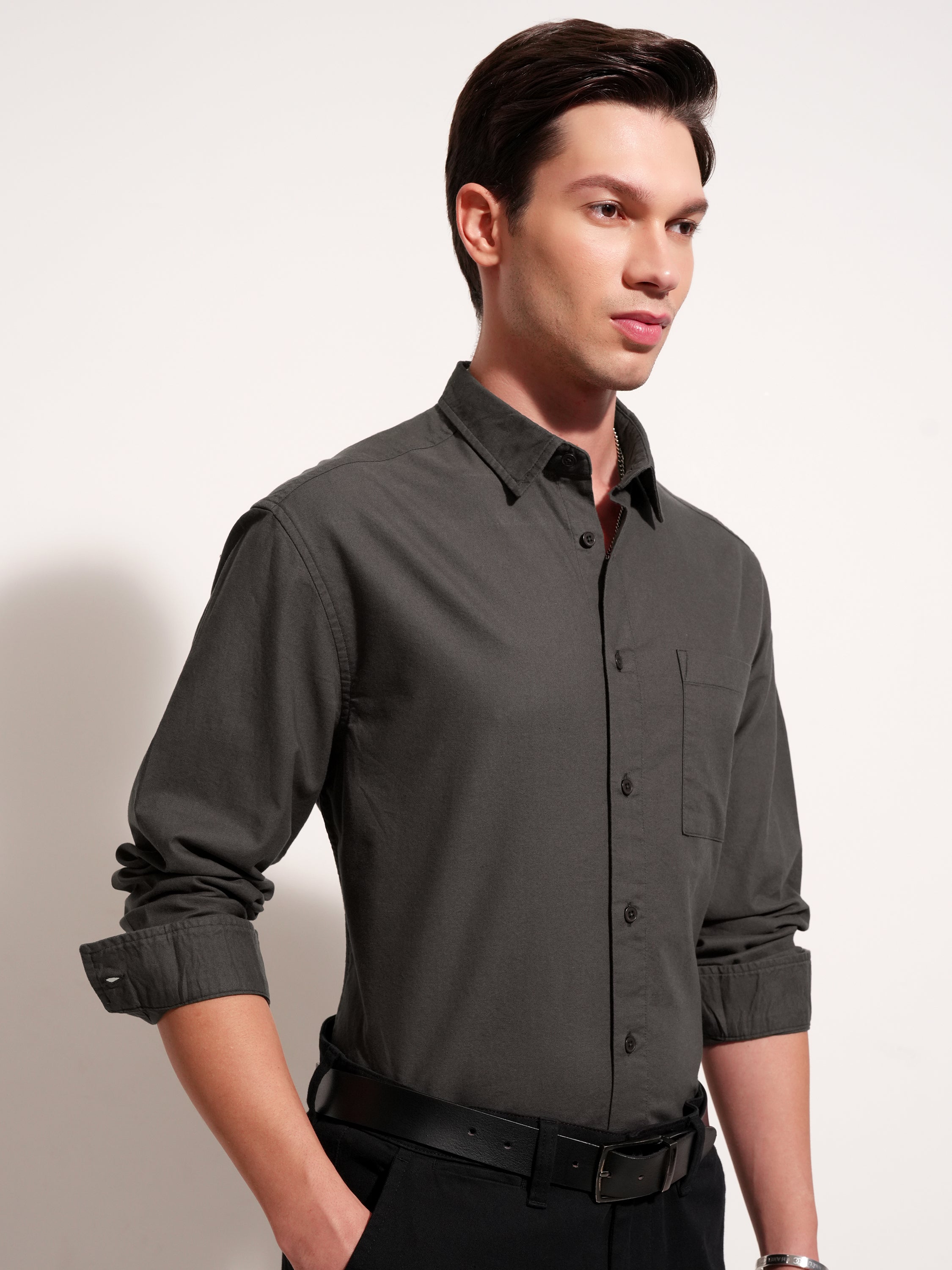 Highlander Men Charcoal Solid Relaxed Fit Casual Shirt - Charcoal - Image 11