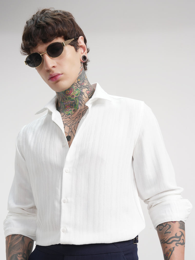 Highlander Men White Self Design Slim Fit Casual Shirt - White - Image 1