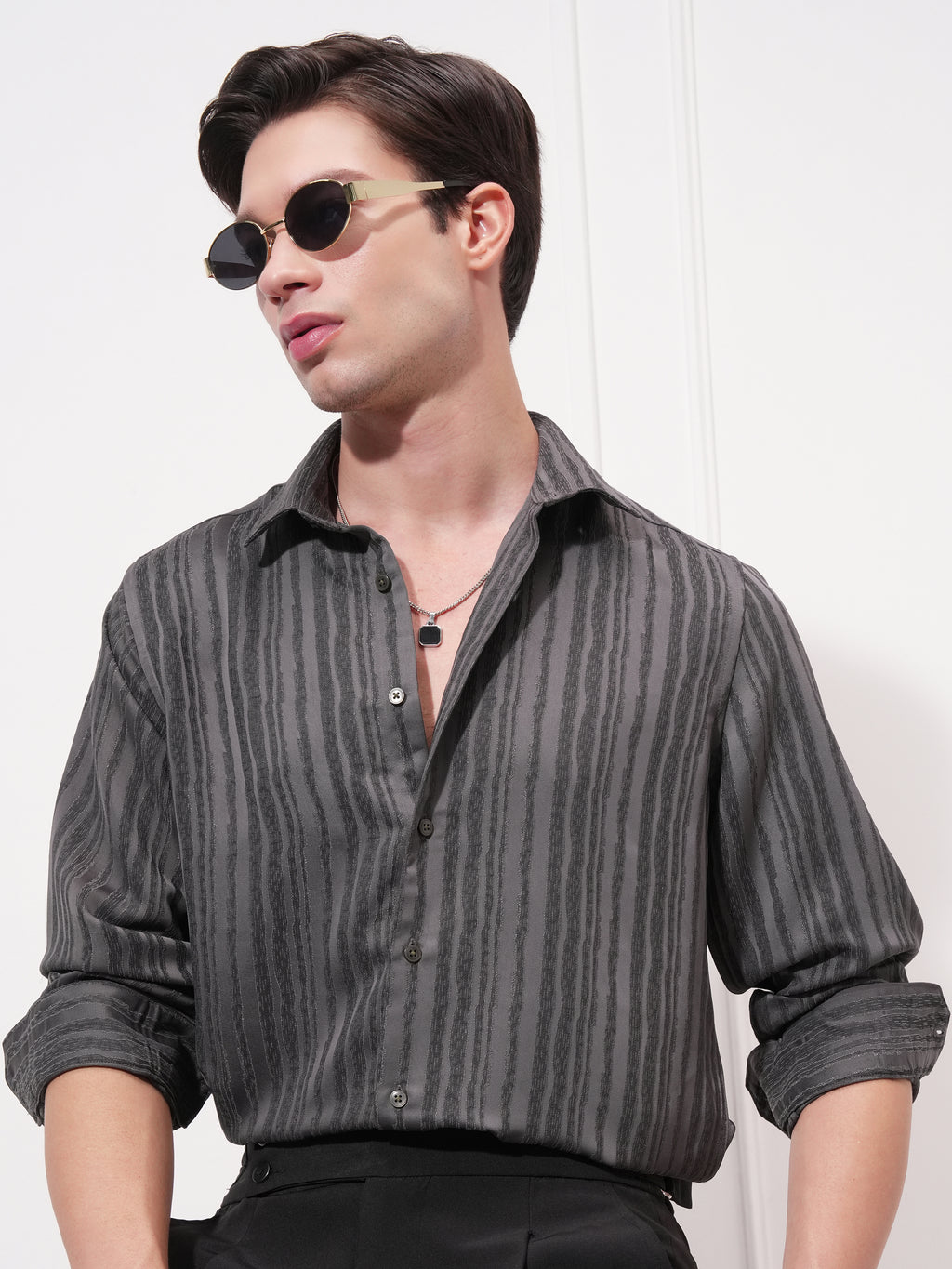 Highlander Men Grey Striped Slim Fit Casual Shirt - Grey - Image 1