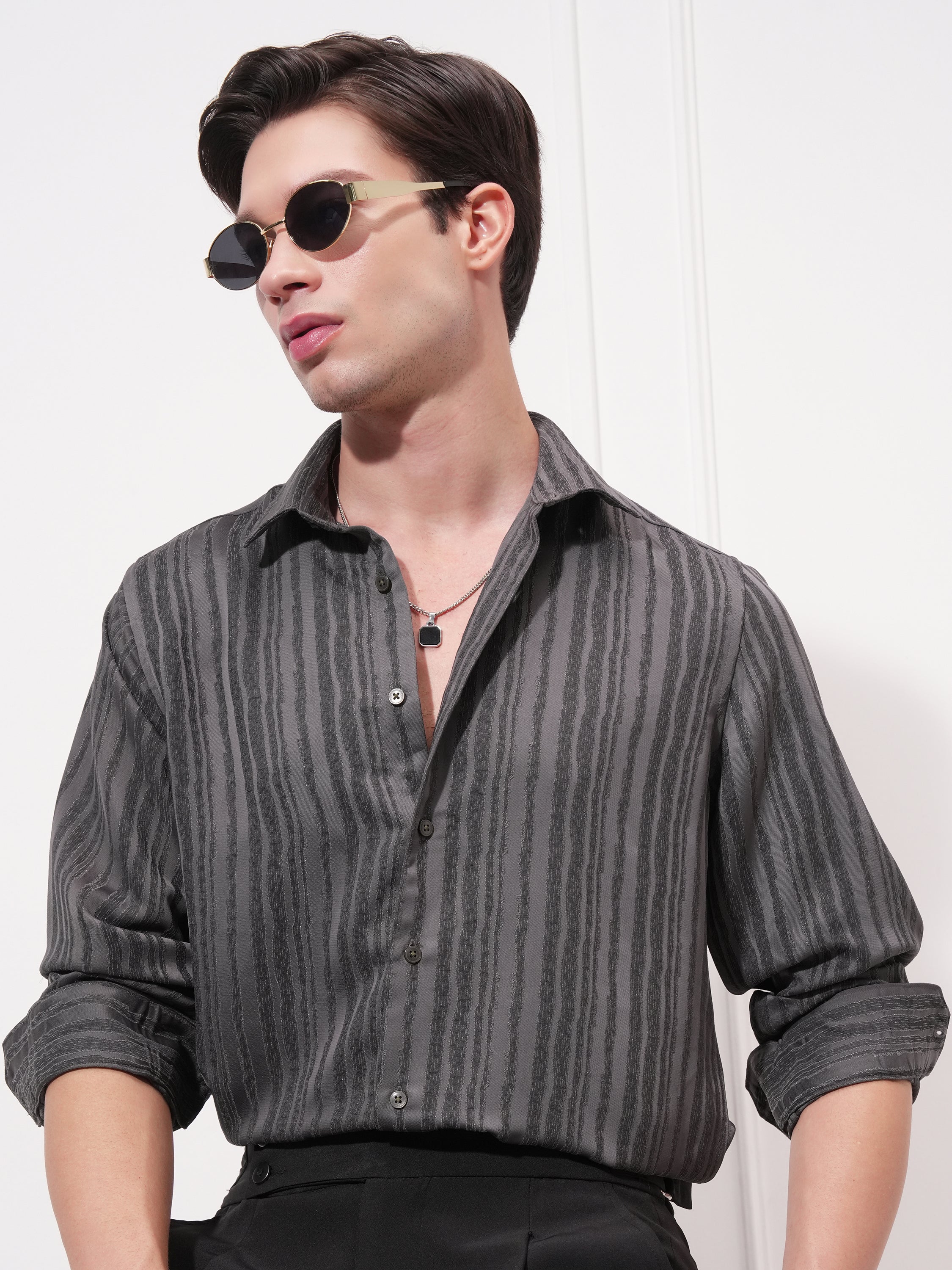 Highlander Men Grey Striped Slim Fit Casual Shirt - Grey - Image 1