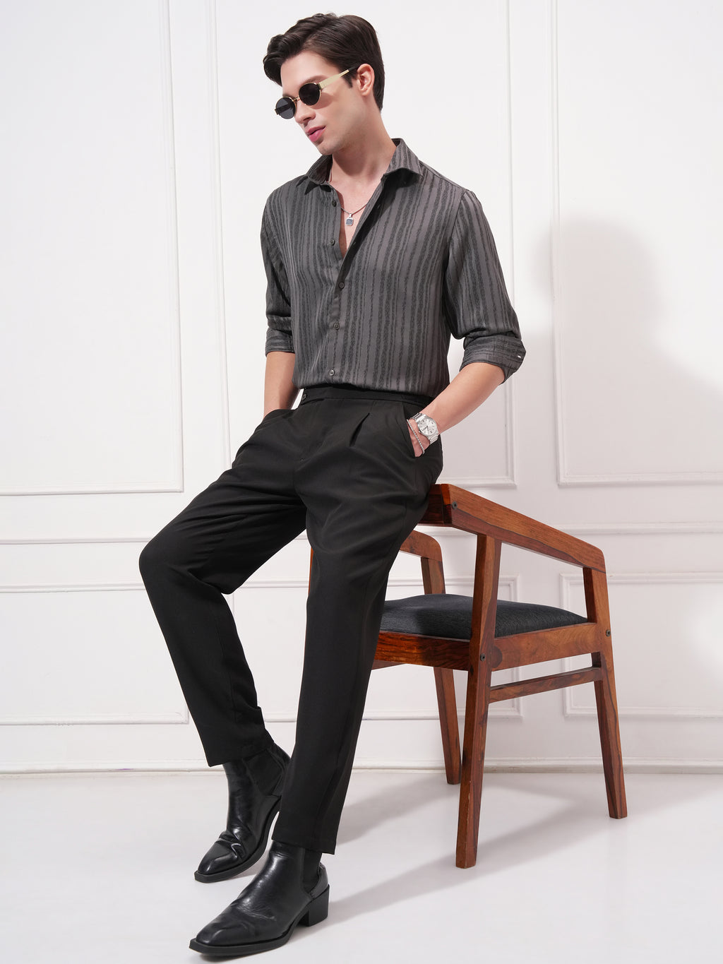 Highlander Men Grey Striped Slim Fit Casual Shirt - Grey - Image 2