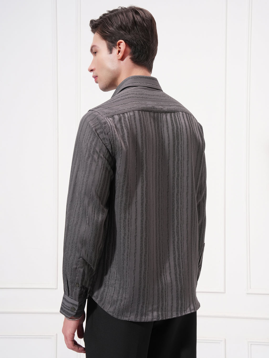 Highlander Men Grey Striped Slim Fit Casual Shirt - Grey - Image 3