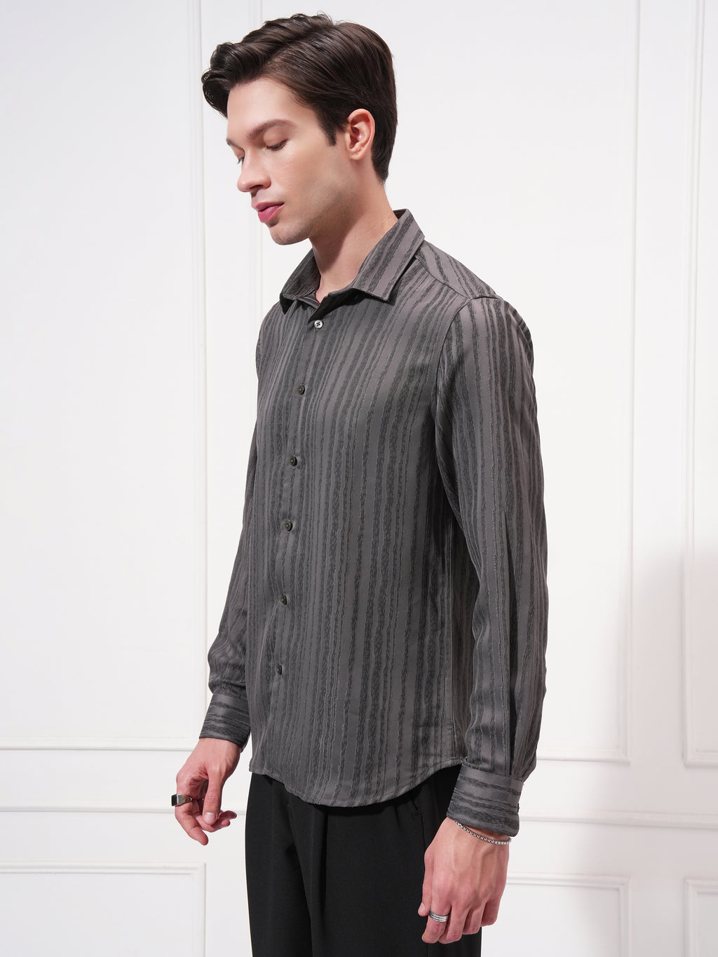 Highlander Men Grey Striped Slim Fit Casual Shirt - Grey - Image 4