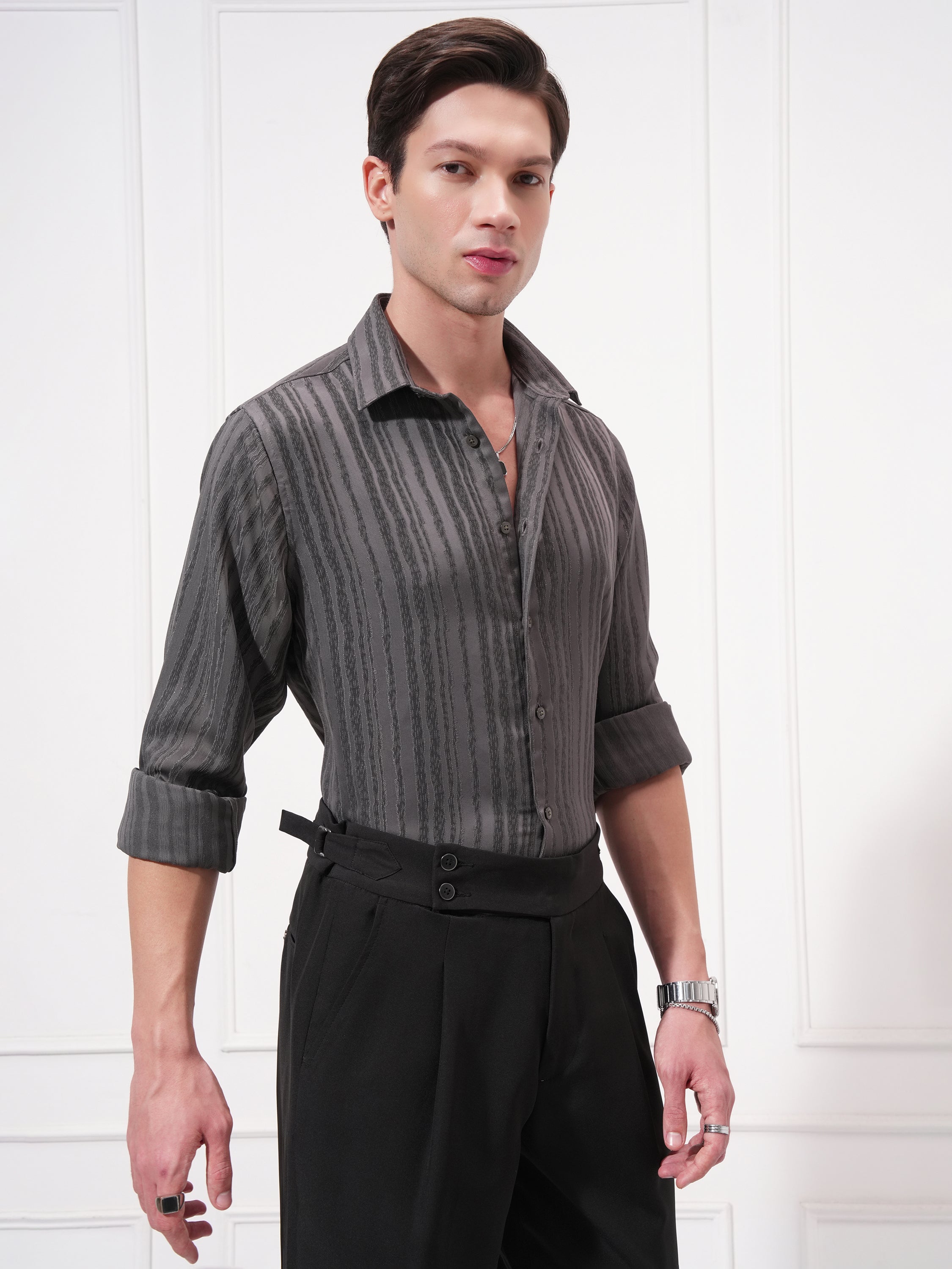 Highlander Men Grey Striped Slim Fit Casual Shirt - Grey - Image 6