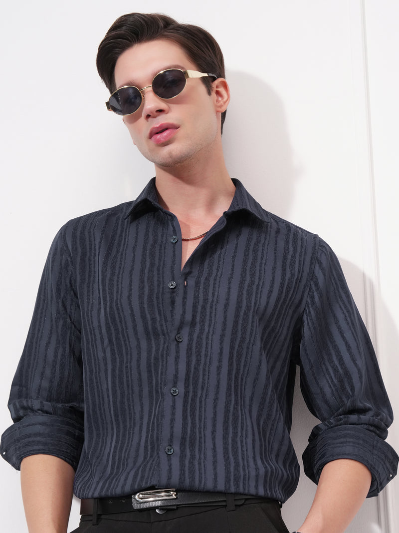 Highlander Men Navy Blue Striped Slim Fit Casual Shirt - Navy Blue - Image 1