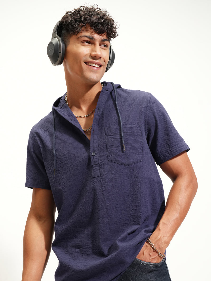 Highlander Men Navy Blue Self Design Slim Fit Casual Shirt - Navy Blue - Image 1