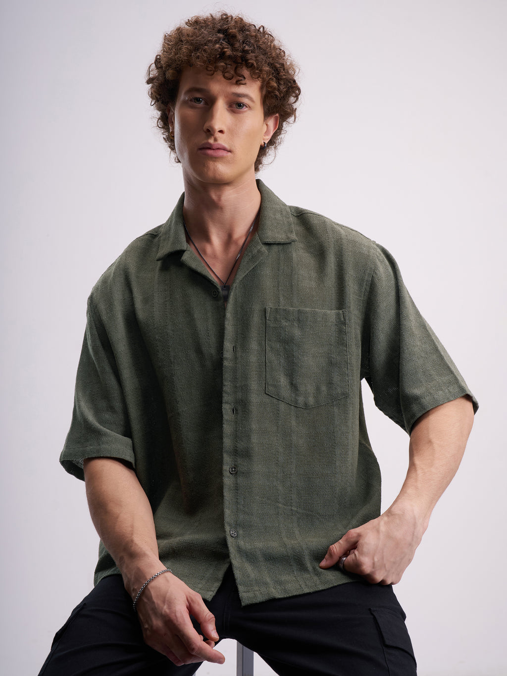 Highlander Men Olive Self Design Boxy Fit Casual Shirt - Olive - Image 1