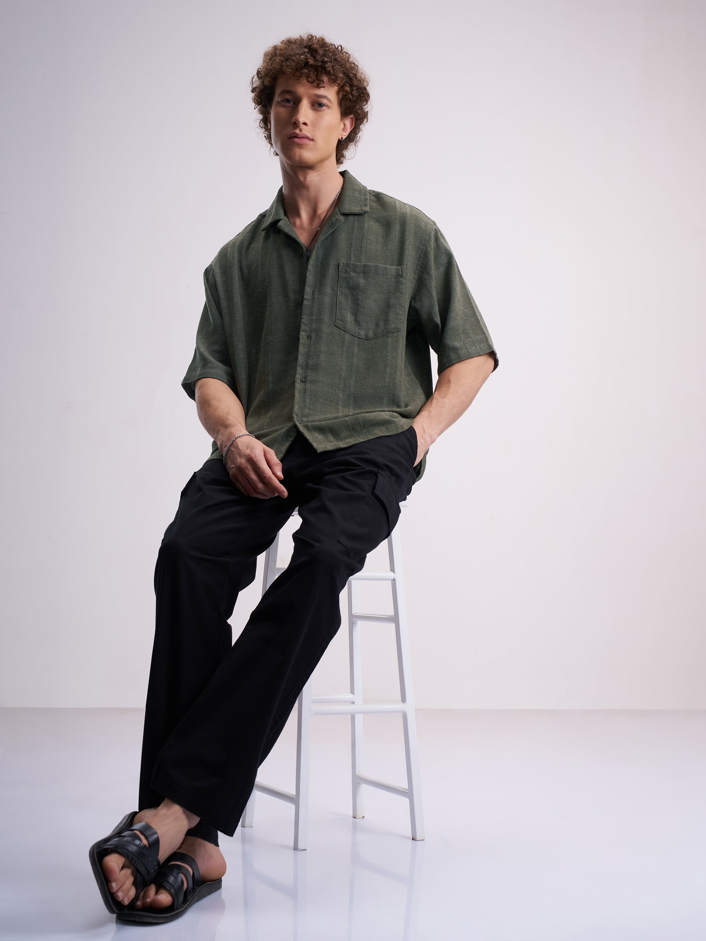 Highlander Men Olive Self Design Boxy Fit Casual Shirt - Olive - Image 2