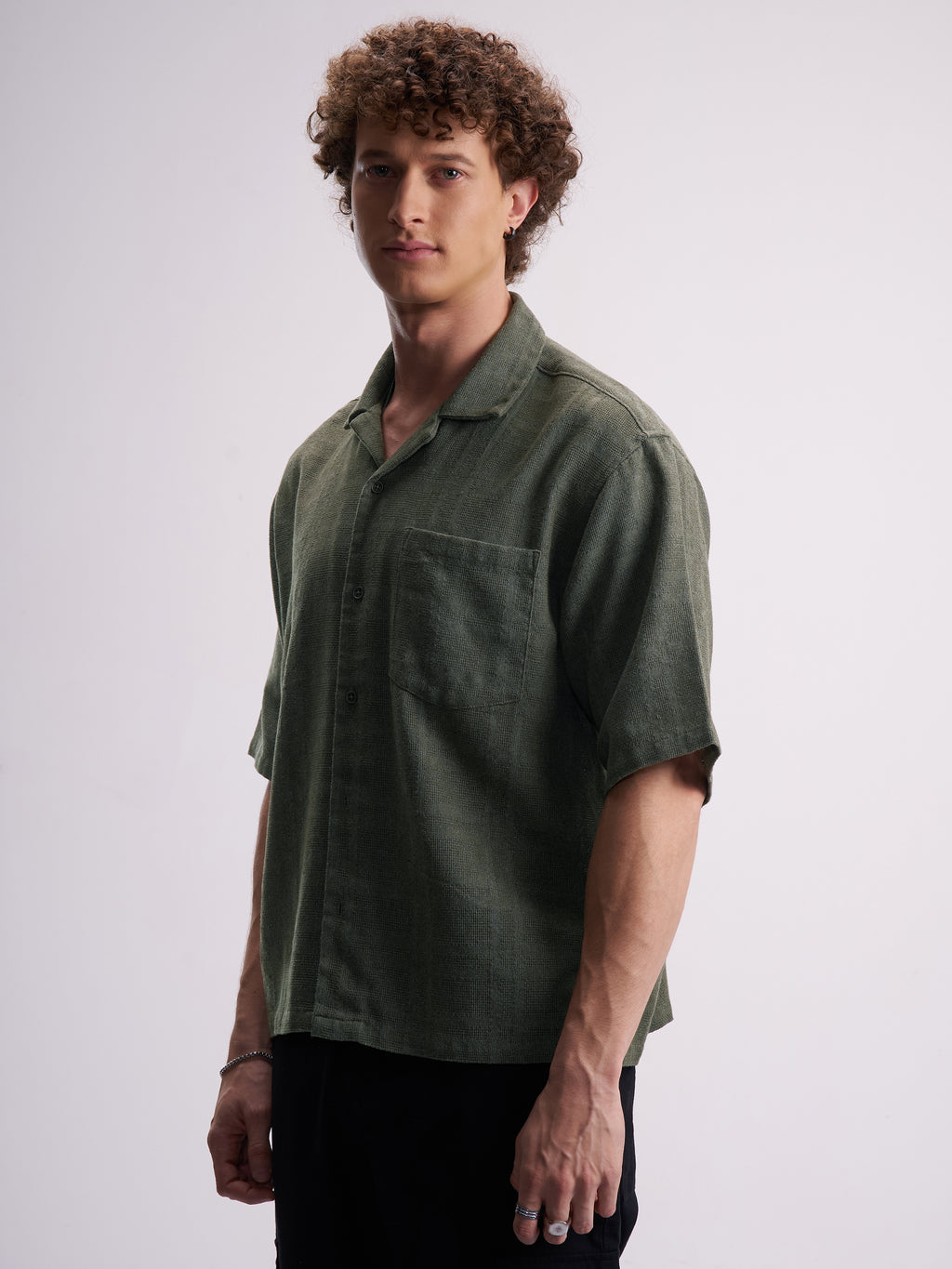 Highlander Men Olive Self Design Boxy Fit Casual Shirt - Olive - Image 4