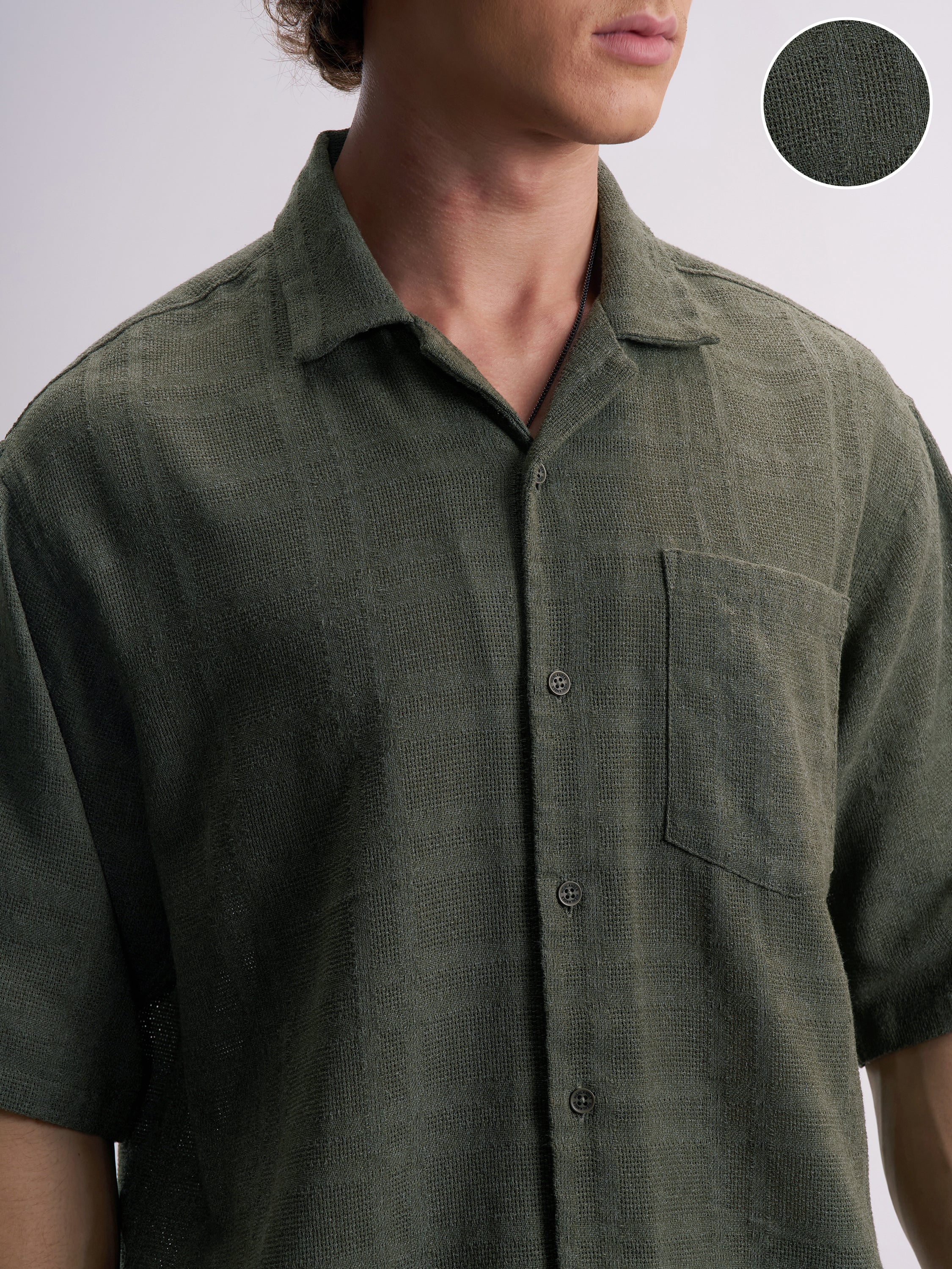 Highlander Men Olive Self Design Boxy Fit Casual Shirt - Olive - Image 5