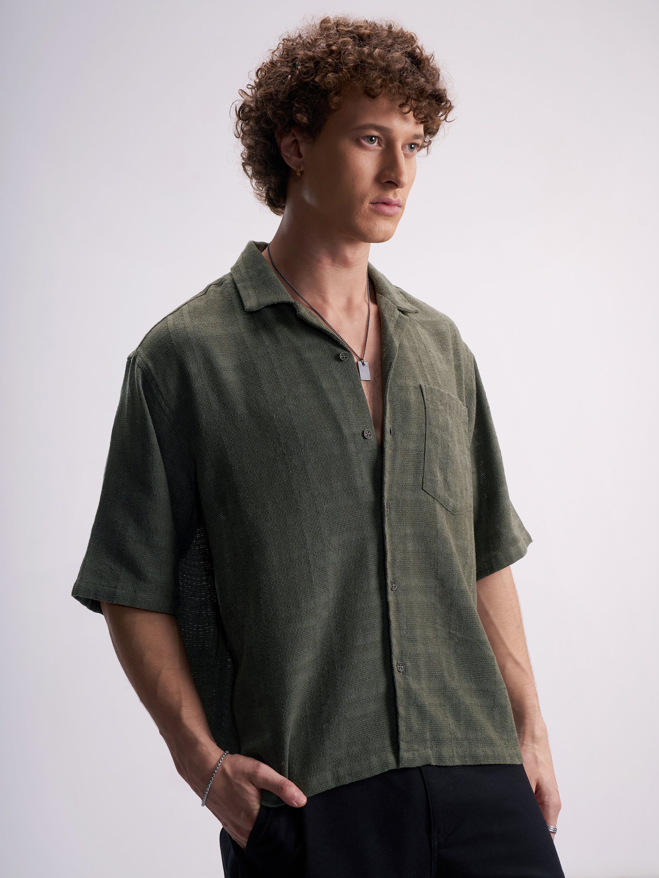 Highlander Men Olive Self Design Boxy Fit Casual Shirt - Olive - Image 6