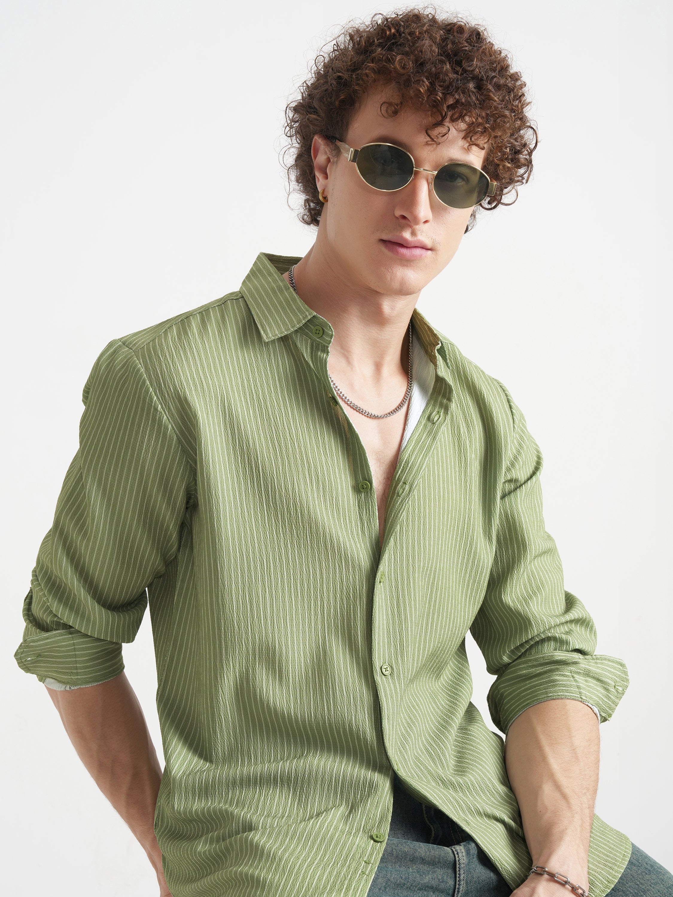 Highlander Men Olive Striped Slim Fit Casual Shirt - Olive - Image 1