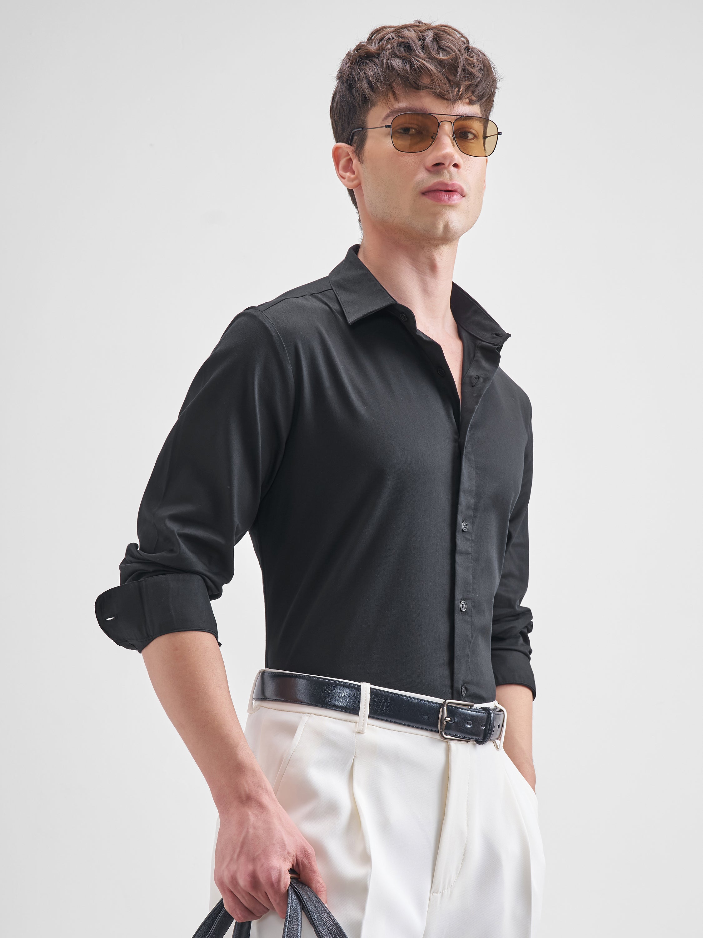 Highlander Men Black Solid Slim Fit Casual Shirt - Black - Image 6