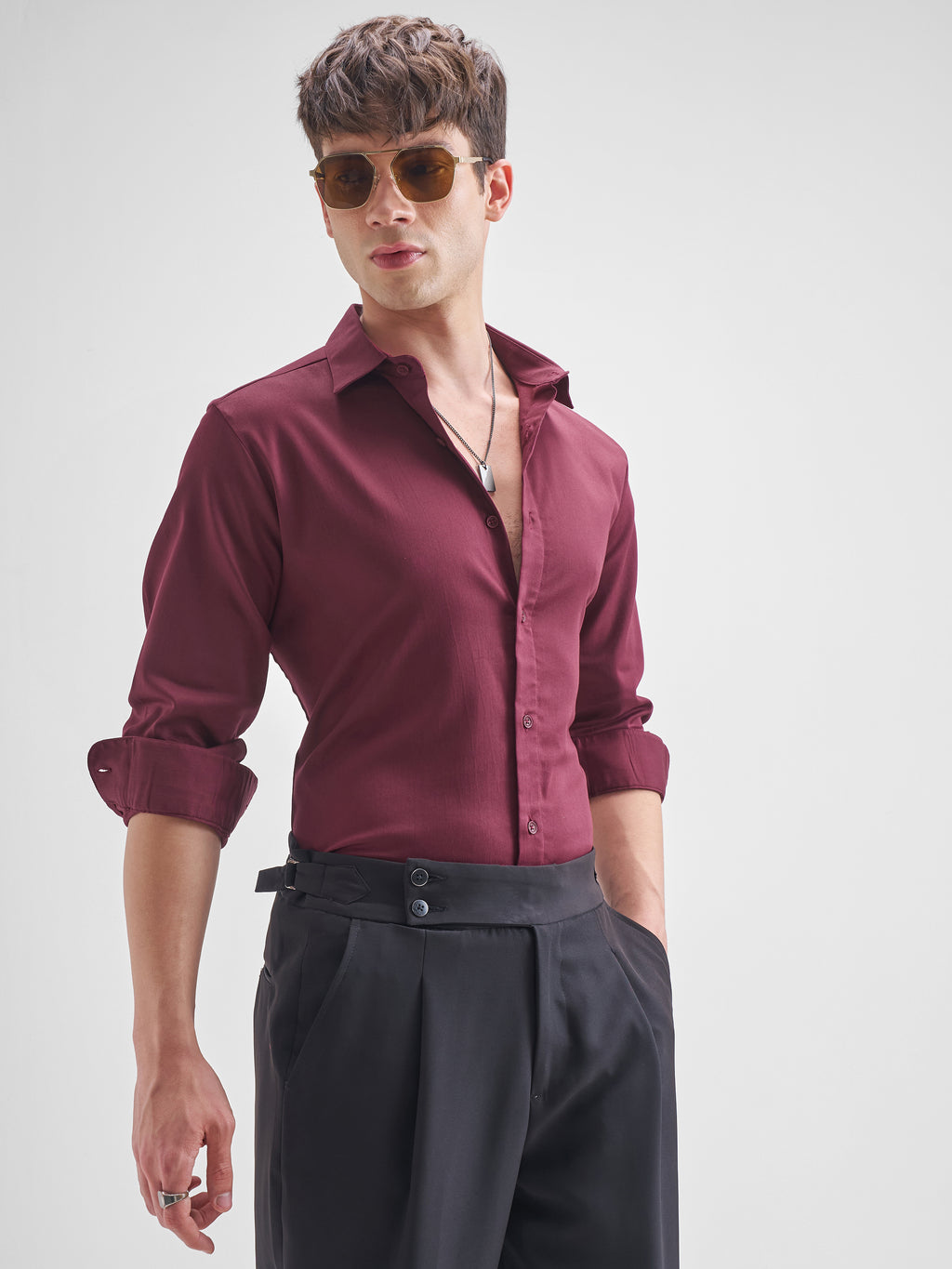 Highlander Men Burgundy Solid Slim Fit Casual Shirt - Burgundy - Image 6