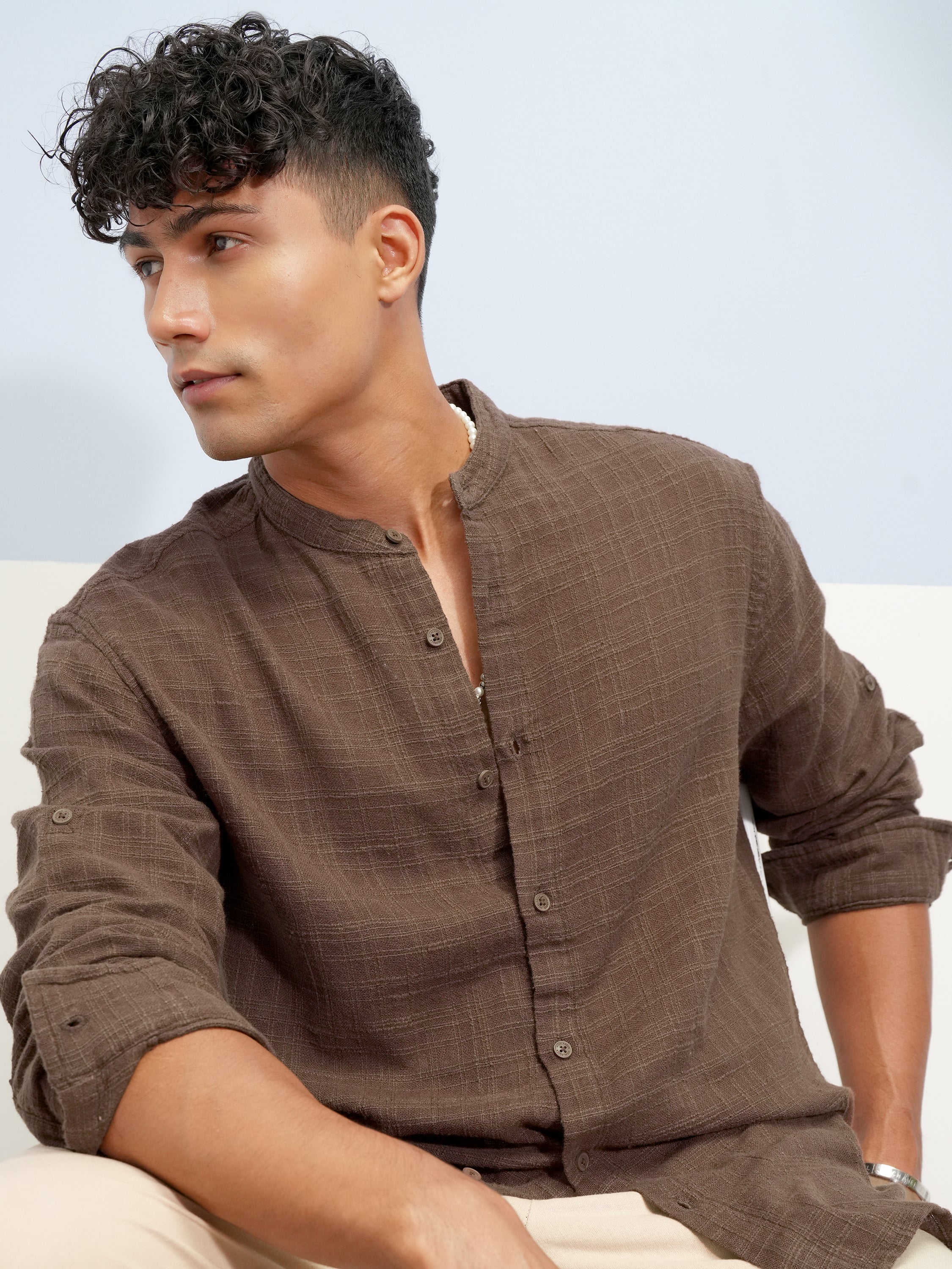 Highlander Men Brown Self Design Relaxed Fit Casual Shirt - Brown - Image 1